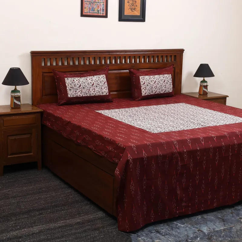 Maroon - Pochampally Ikat with Bagh Patch Cotton Bedsheet Set 08 made by Itokri