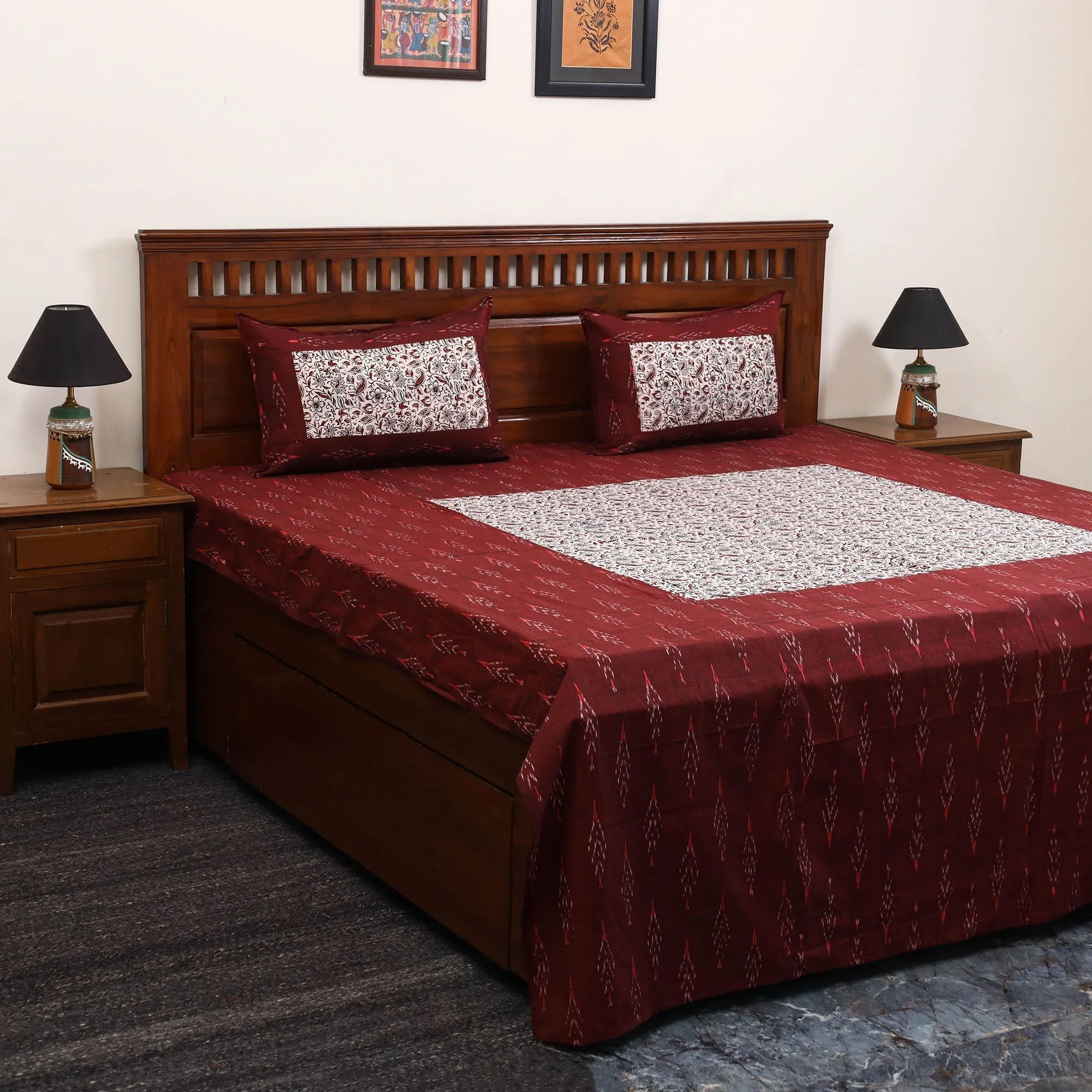 Maroon - Pochampally Ikat with Bagh Patch Cotton Bedsheet Set 08 sold by Itokri