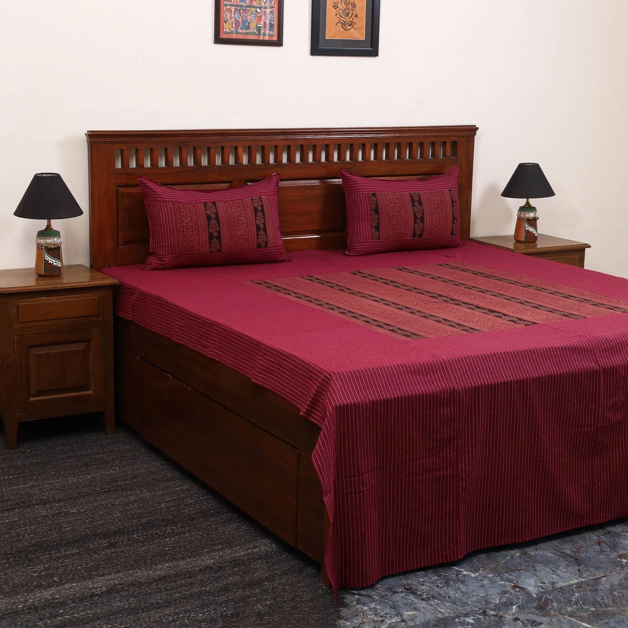 Pink - Jacquard with Bagh Patch Cotton Bedsheet Set 05 sold by Itokri