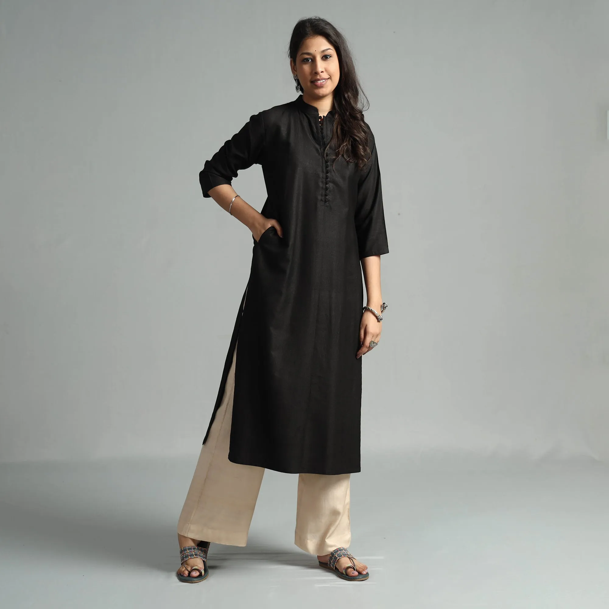 Black - Tussar Silk Plain Kurta sold by Itokri product image thumbnail 2