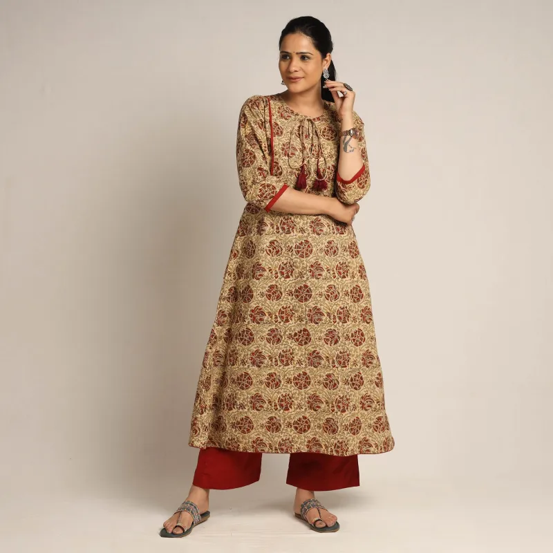 Brown - Pedana Kalamkari Block Printed Cotton Kurta with Palazzo Set sold by Itokri