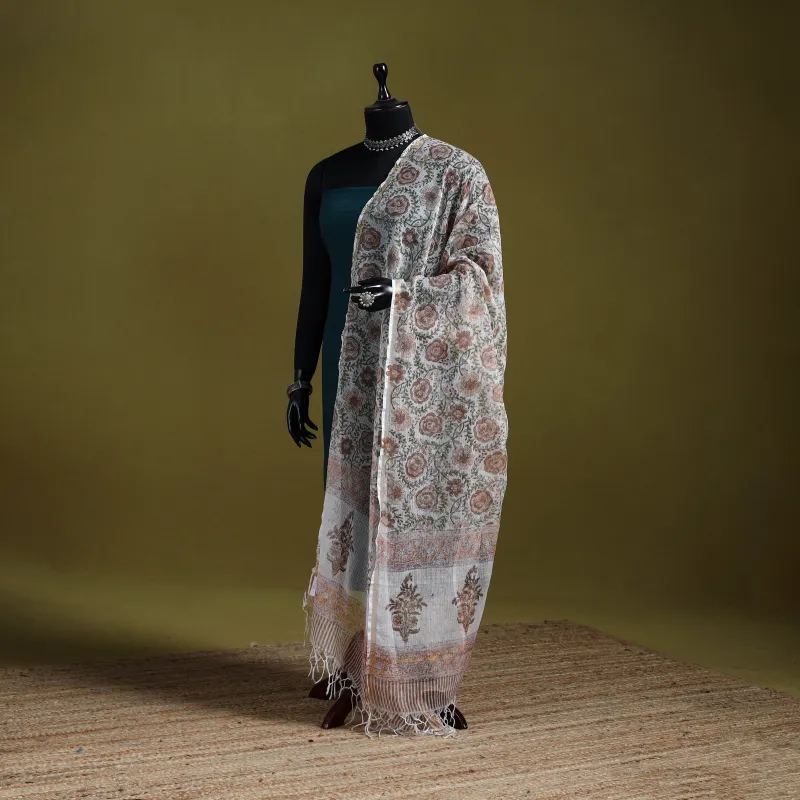 Brown - Block Print Kota Doria Silk Cotton Sanganeri Floral Dupatta 64 sold by Itokri