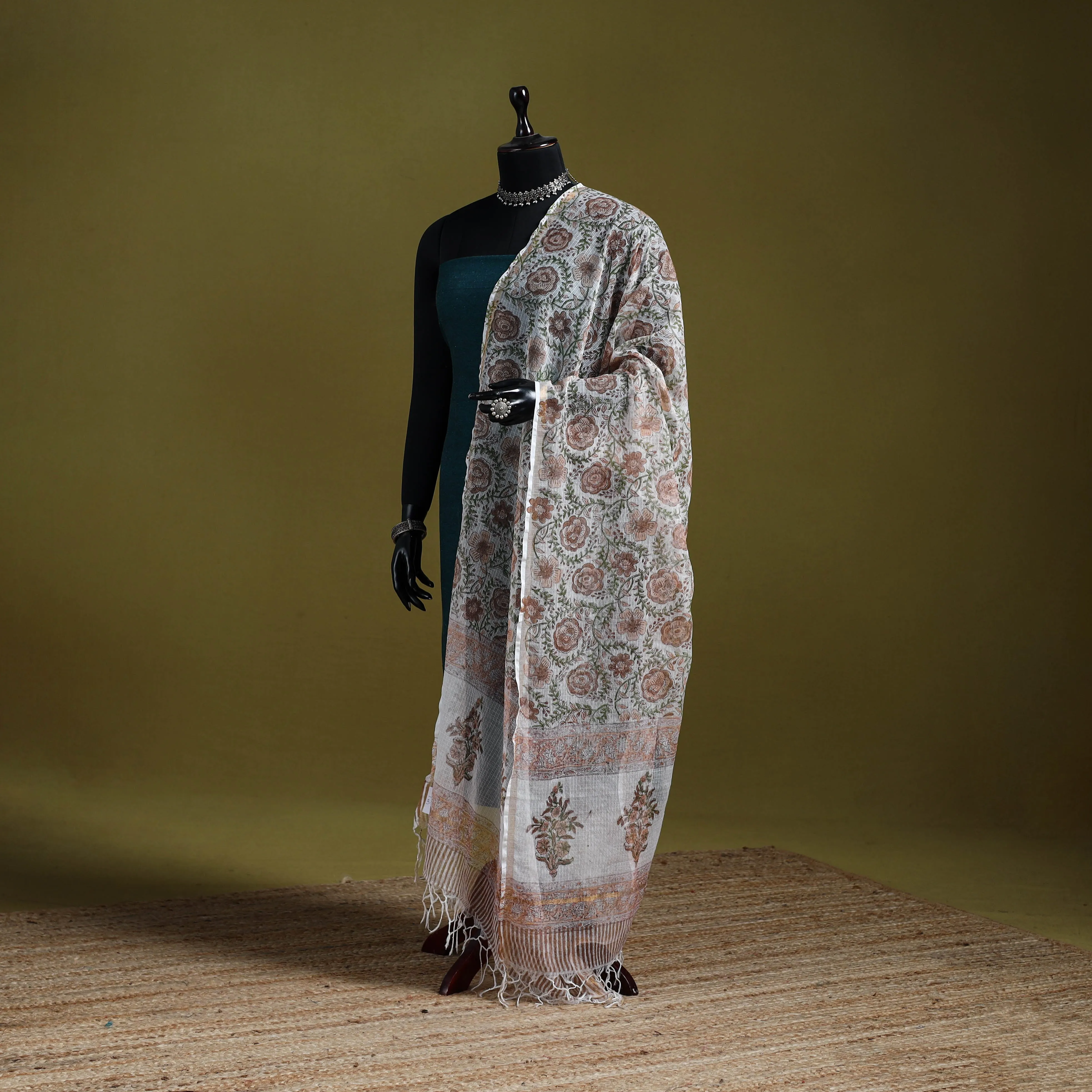 Brown - Block Print Kota Doria Silk Cotton Sanganeri Floral Dupatta 64 sold by Itokri