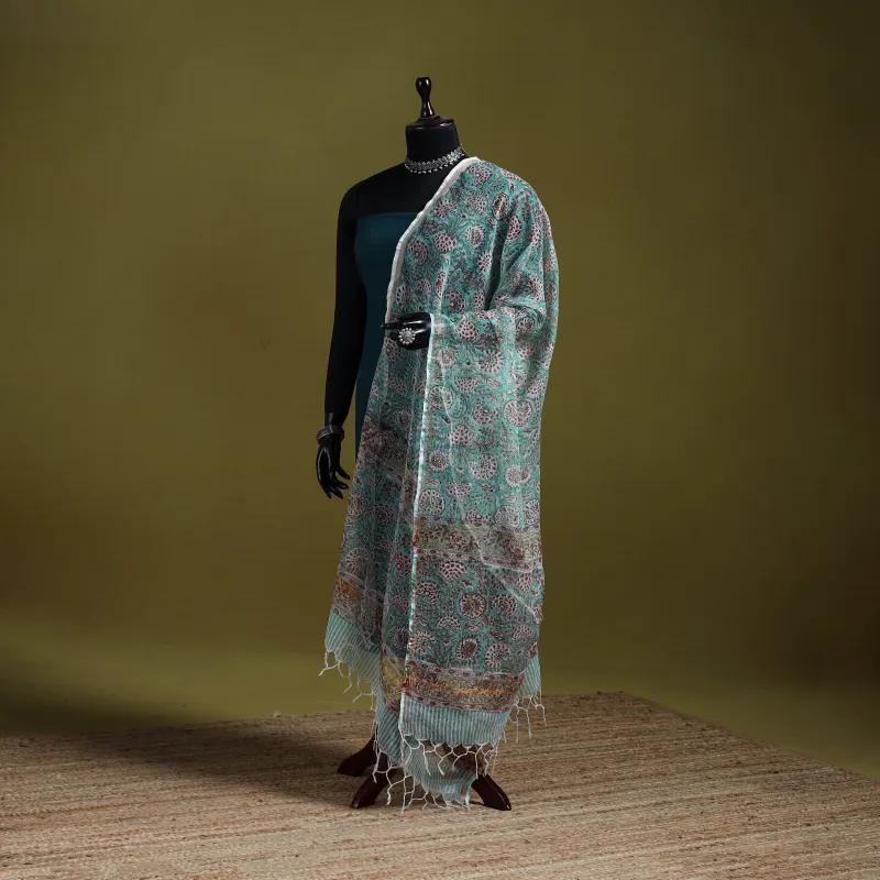 Green - Block Print Kota Doria Silk Cotton Sanganeri Floral Dupatta 62 made by Itokri