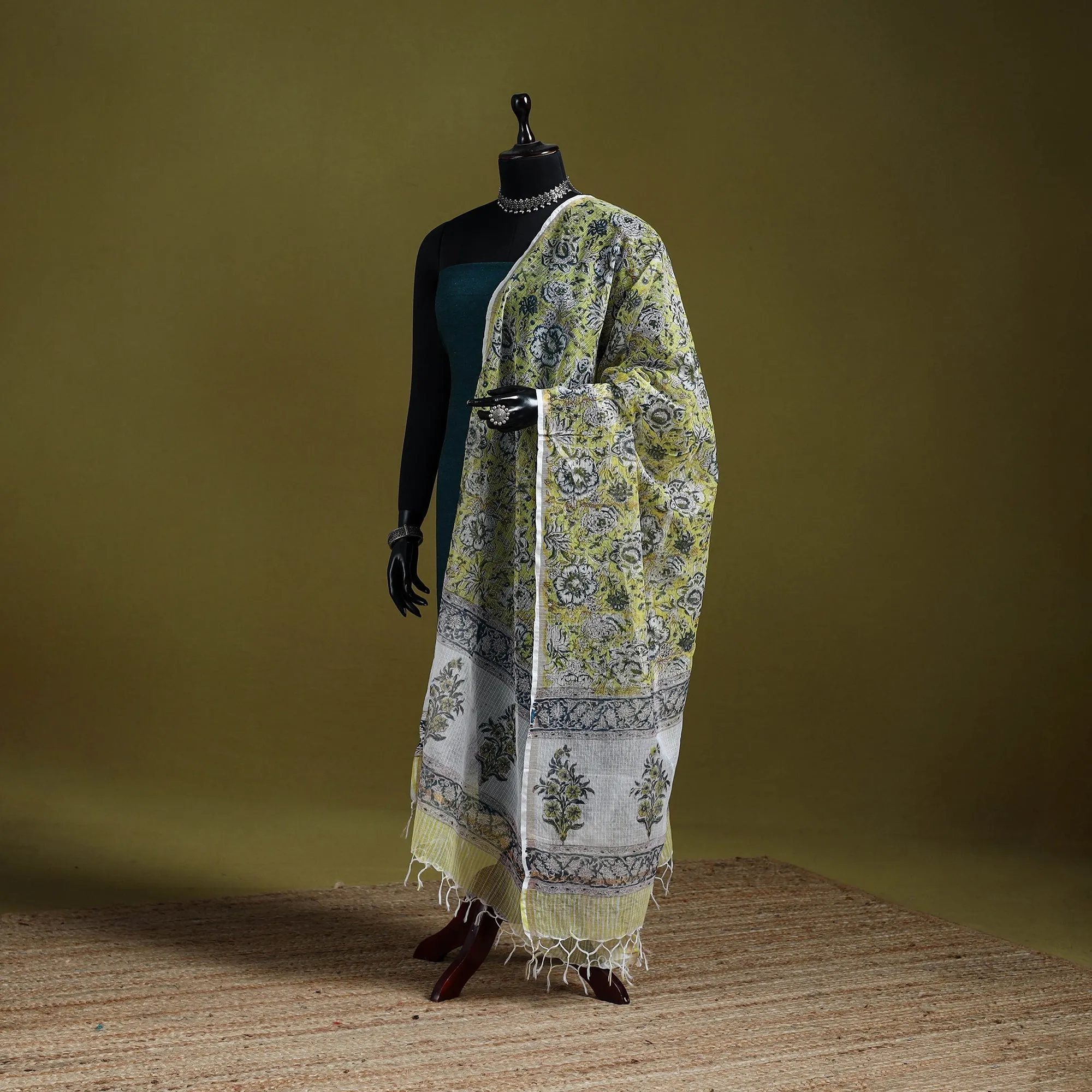 Green - Block Print Kota Doria Silk Cotton Sanganeri Floral Dupatta 60 sold by Itokri