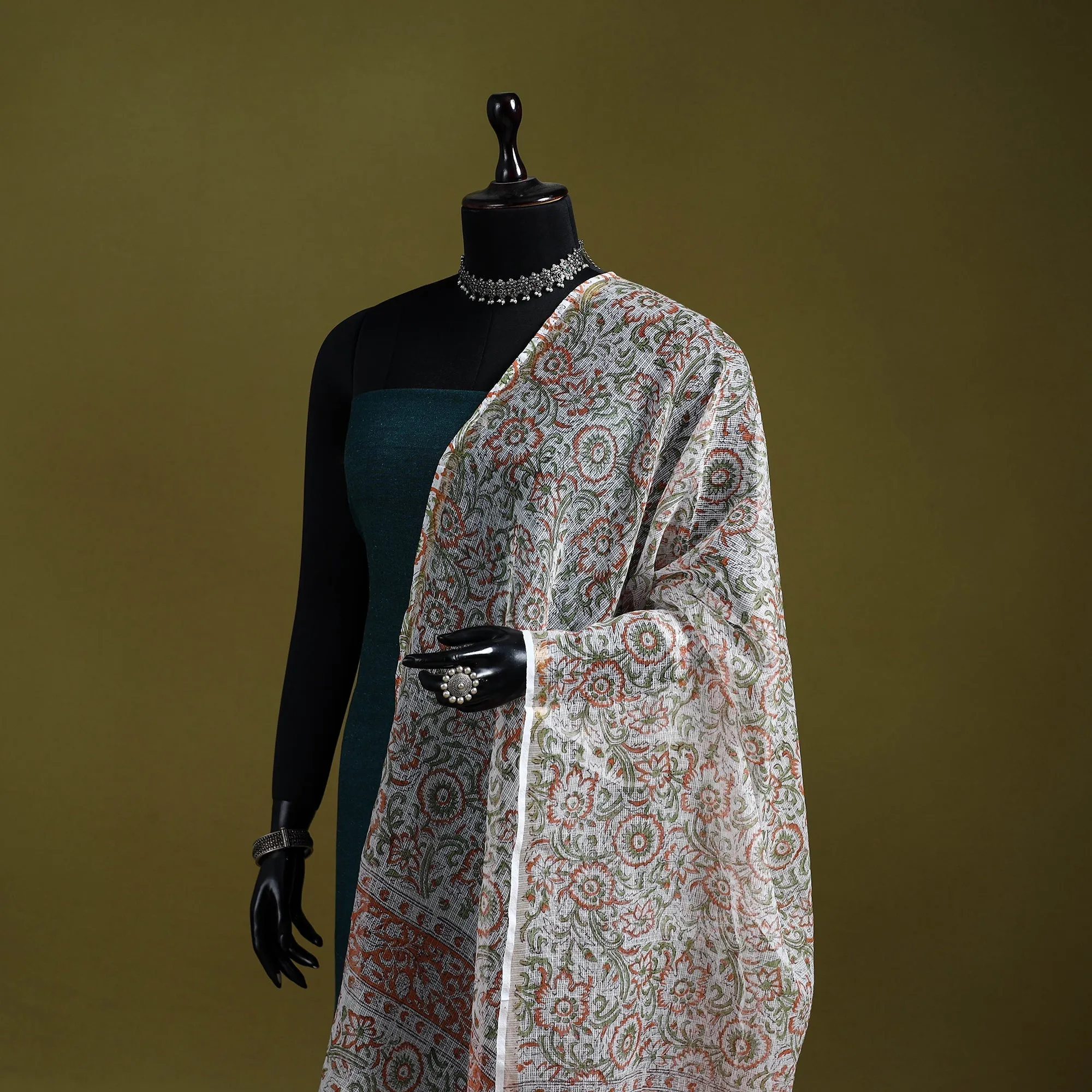 Multicolor - Block Print Kota Doria Silk Cotton Sanganeri Floral Dupatta 59 sold by Itokri product image thumbnail 2