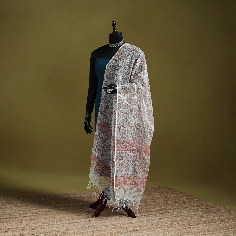 Multicolor - Block Print Kota Doria Silk Cotton Sanganeri Floral Dupatta 59 made by Itokri