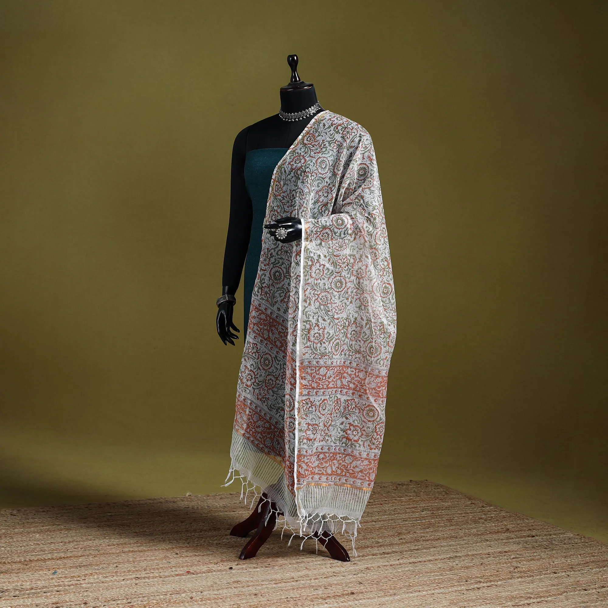 Multicolor - Block Print Kota Doria Silk Cotton Sanganeri Floral Dupatta 59 sold by Itokri