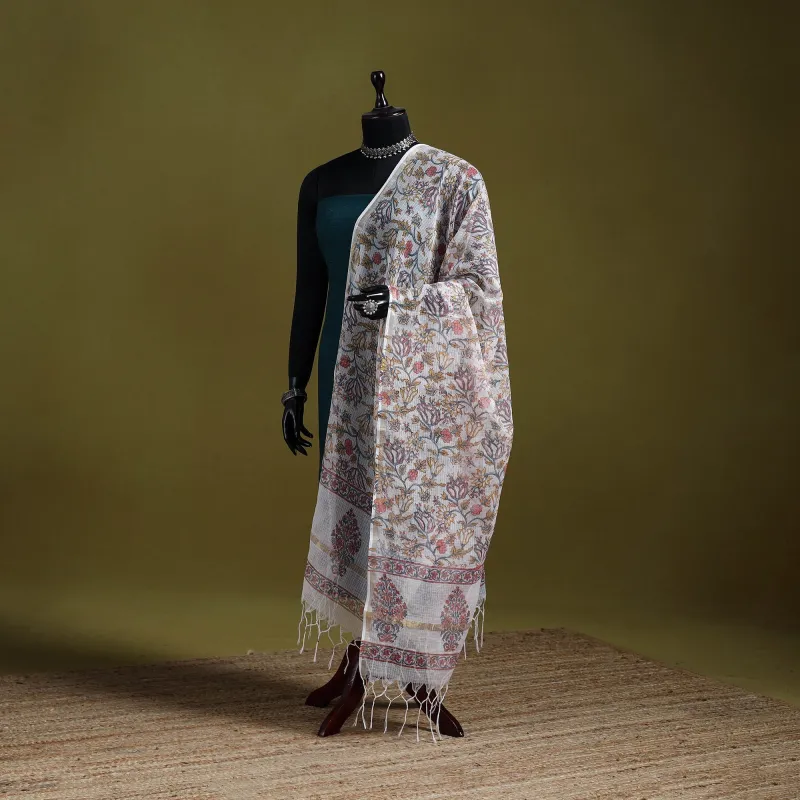 Multicolor - Block Print Kota Doria Silk Cotton Sanganeri Floral Dupatta 58 made by Itokri