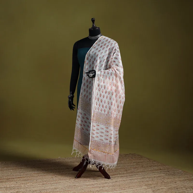 Brown - Block Print Kota Doria Silk Cotton Sanganeri Floral Dupatta 56 sold by Itokri