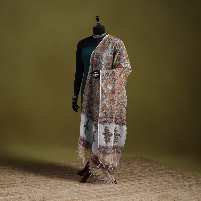 Brown - Block Print Kota Doria Silk Cotton Sanganeri Floral Dupatta 55 sold by Itokri