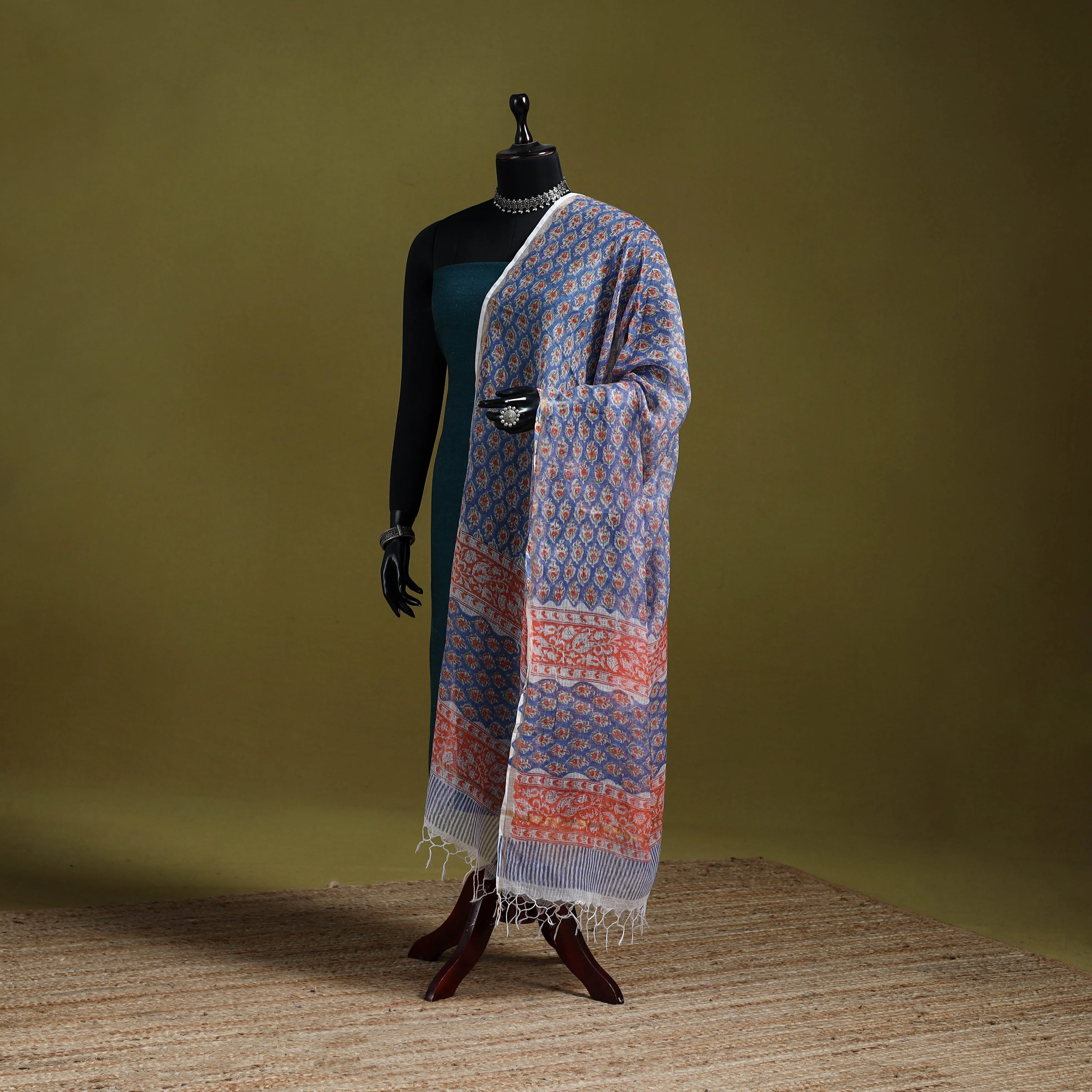 Blue - Block Print Kota Doria Silk Cotton Sanganeri Floral Dupatta 54 sold by Itokri