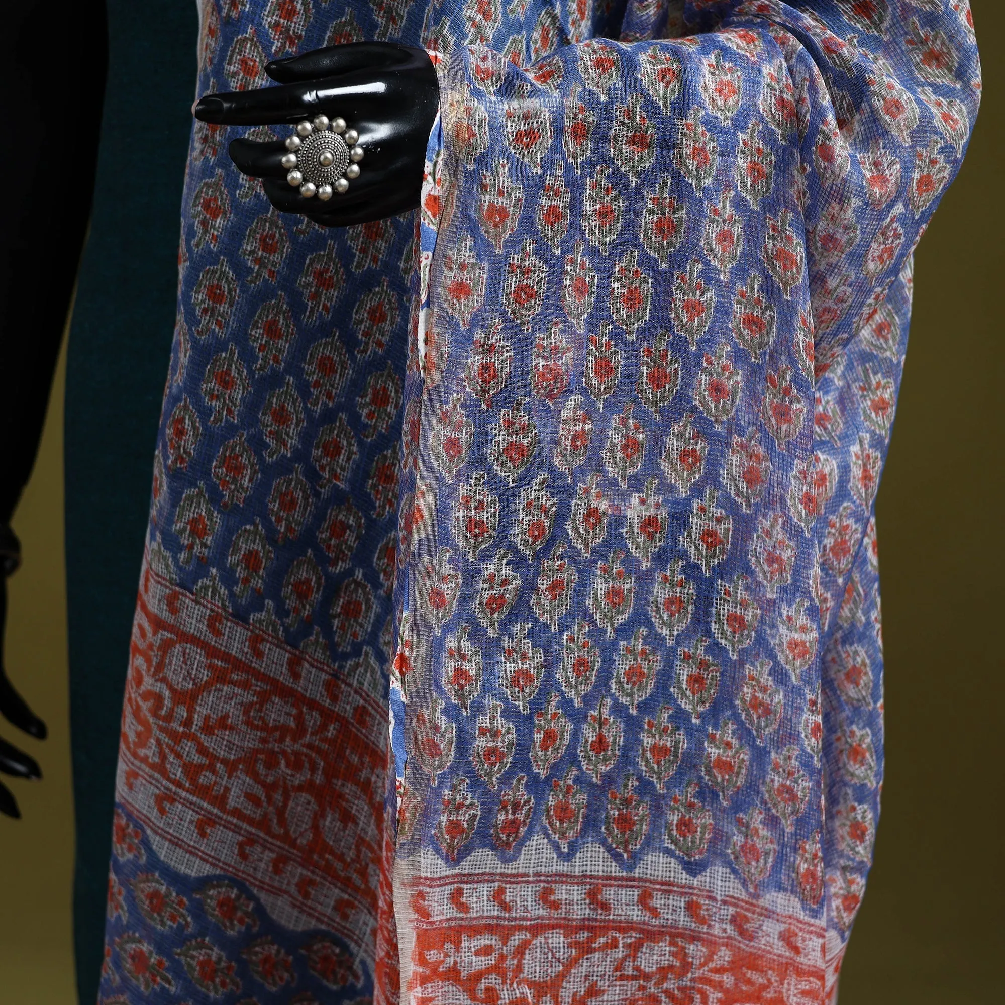 Blue - Block Print Kota Doria Silk Cotton Sanganeri Floral Dupatta 54 sold by Itokri product image thumbnail 3