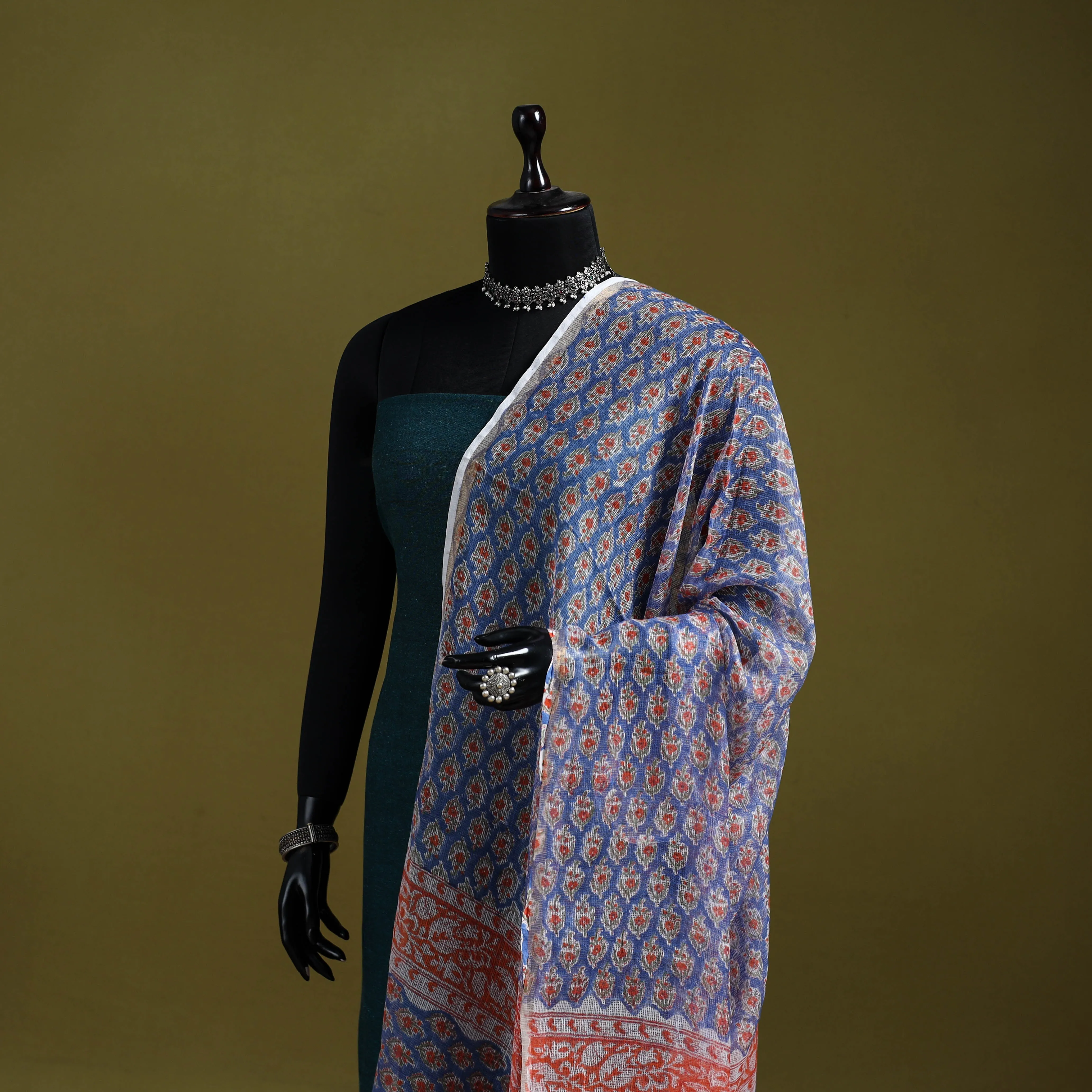 Blue - Block Print Kota Doria Silk Cotton Sanganeri Floral Dupatta 54 sold by Itokri product image thumbnail 2