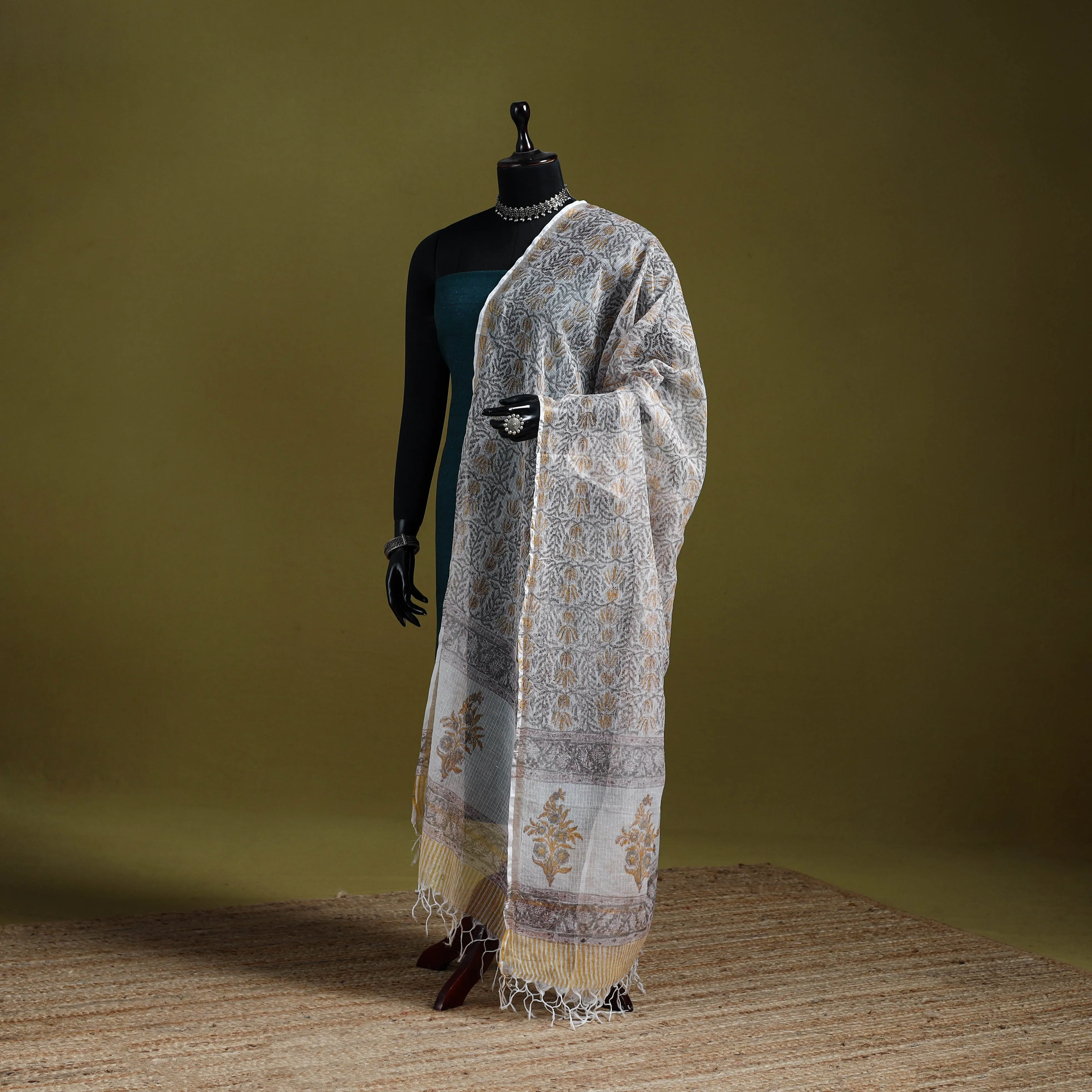 Brown - Block Print Kota Doria Silk Cotton Sanganeri Floral Dupatta 53 sold by Itokri