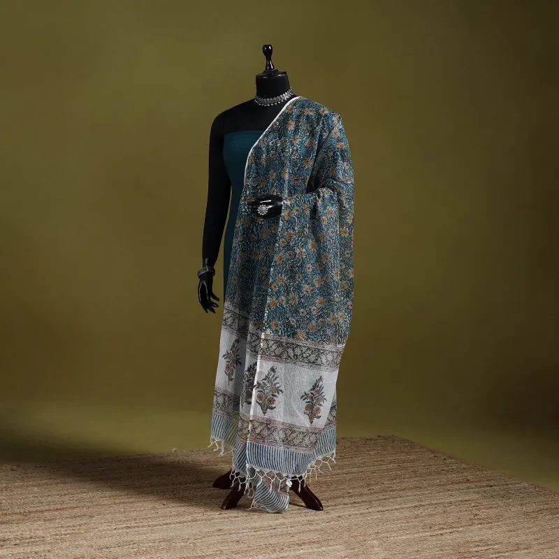 Blue - Block Print Kota Doria Silk Cotton Sanganeri Floral Dupatta 52 sold by Itokri