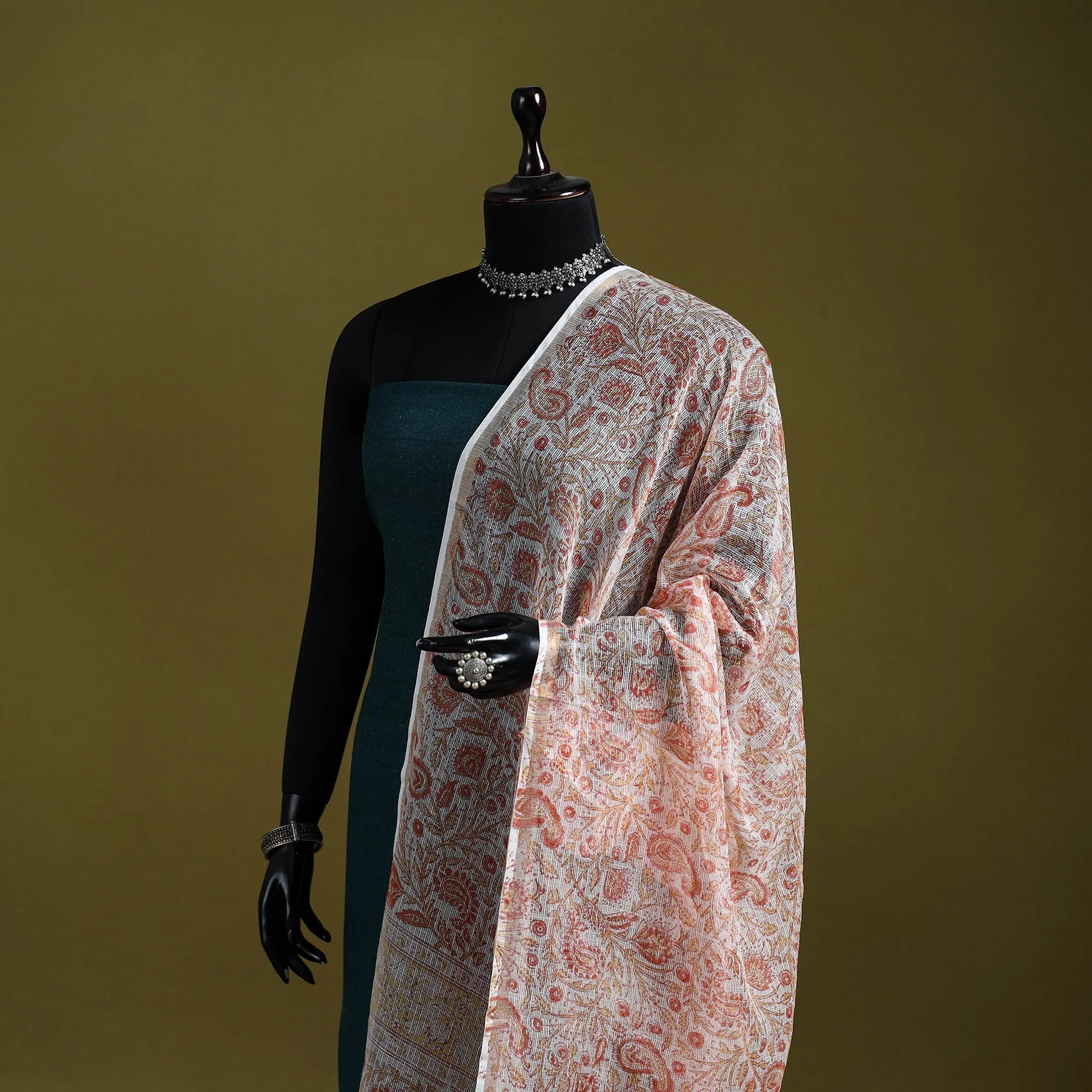 Orange - Block Print Kota Doria Silk Cotton Sanganeri Floral Dupatta 50 sold by Itokri product image thumbnail 2