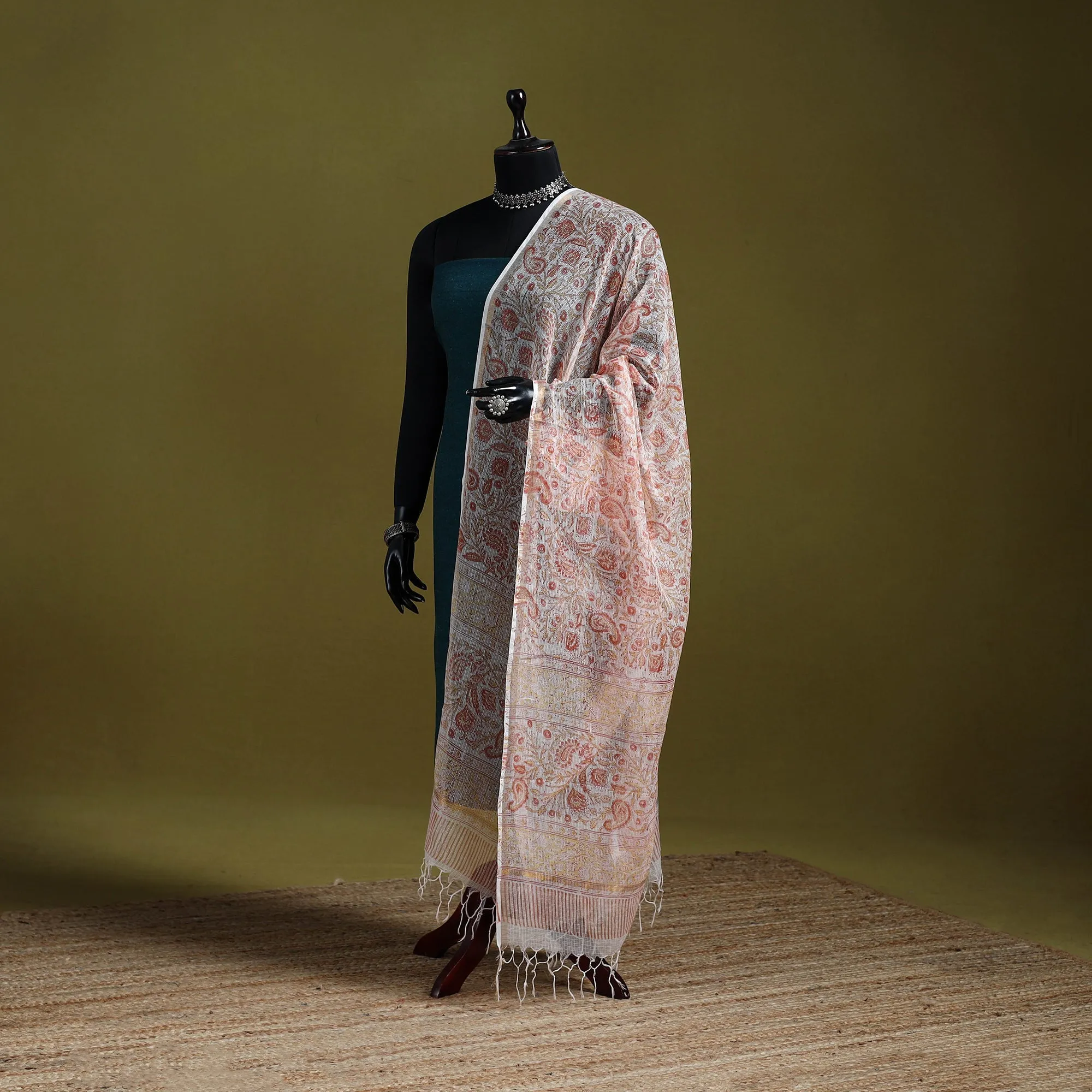 Orange - Block Print Kota Doria Silk Cotton Sanganeri Floral Dupatta 50 sold by Itokri