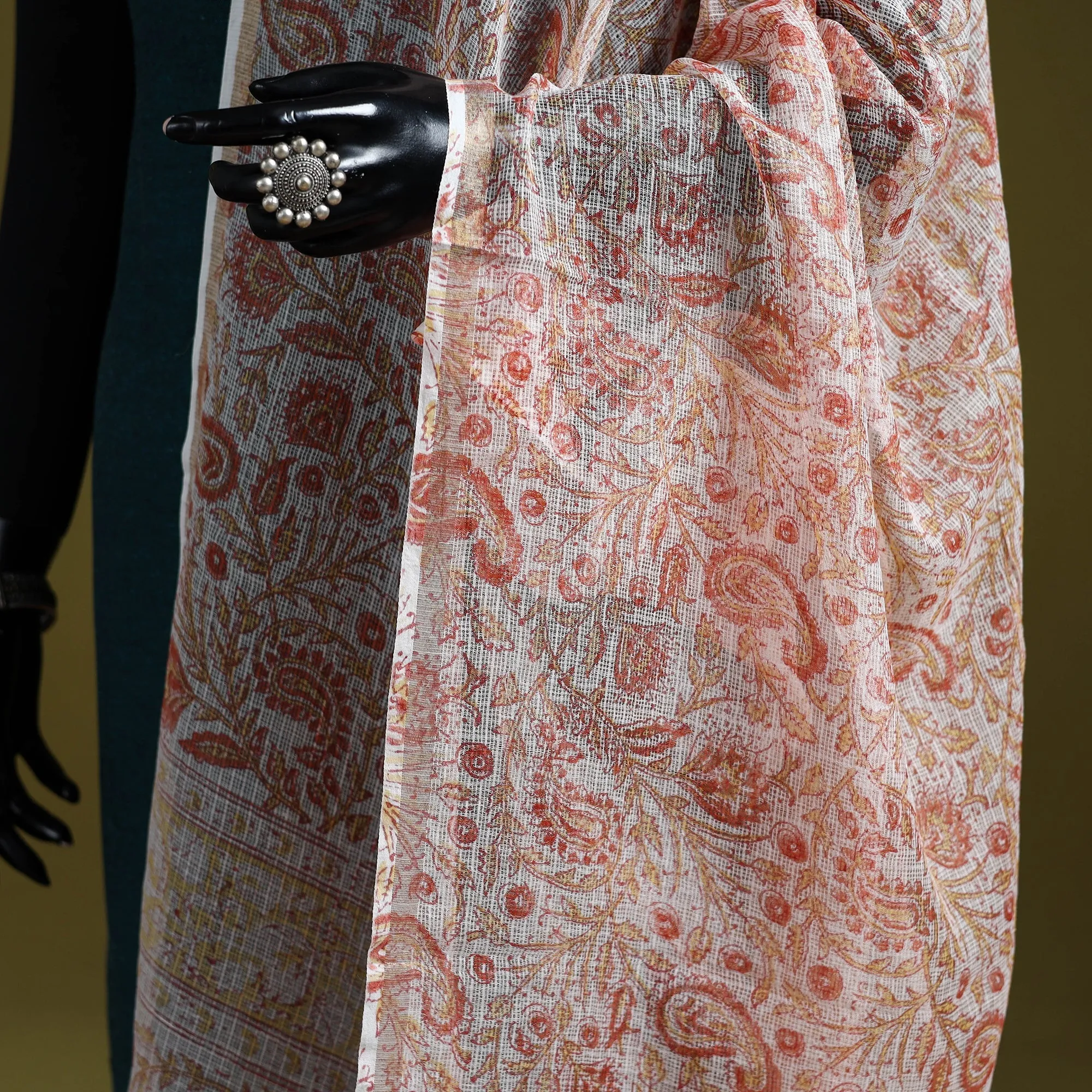 Orange - Block Print Kota Doria Silk Cotton Sanganeri Floral Dupatta 50 sold by Itokri product image thumbnail 3