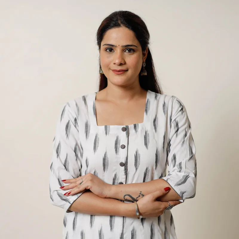 White Pochampally Ikat Weave Cotton Long Straight Kurta sold by Itokri