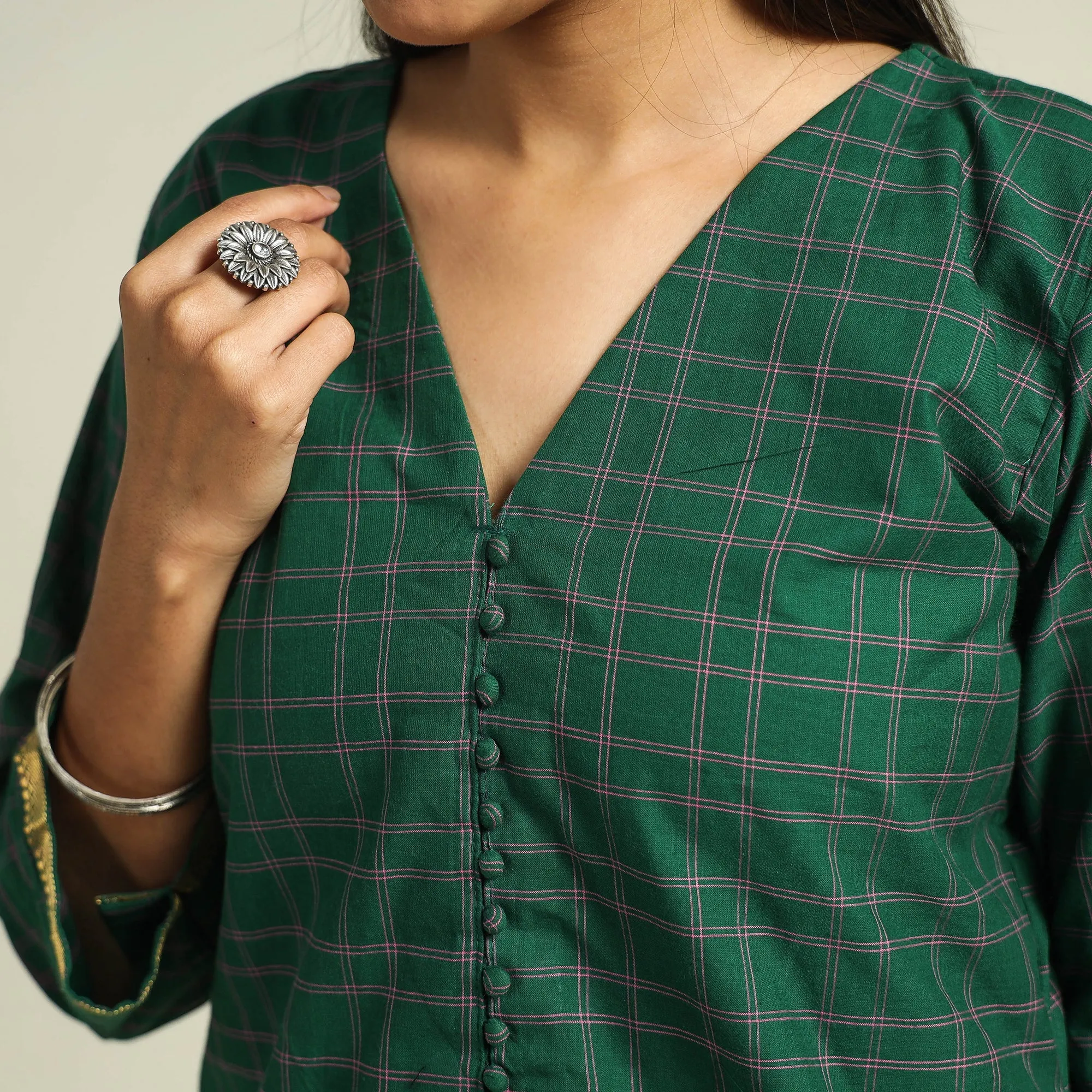 Dark Green - Mangalagiri Handloom Cotton Kurta with Palazzo & Dupatta Set sold by Itokri product image thumbnail 5
