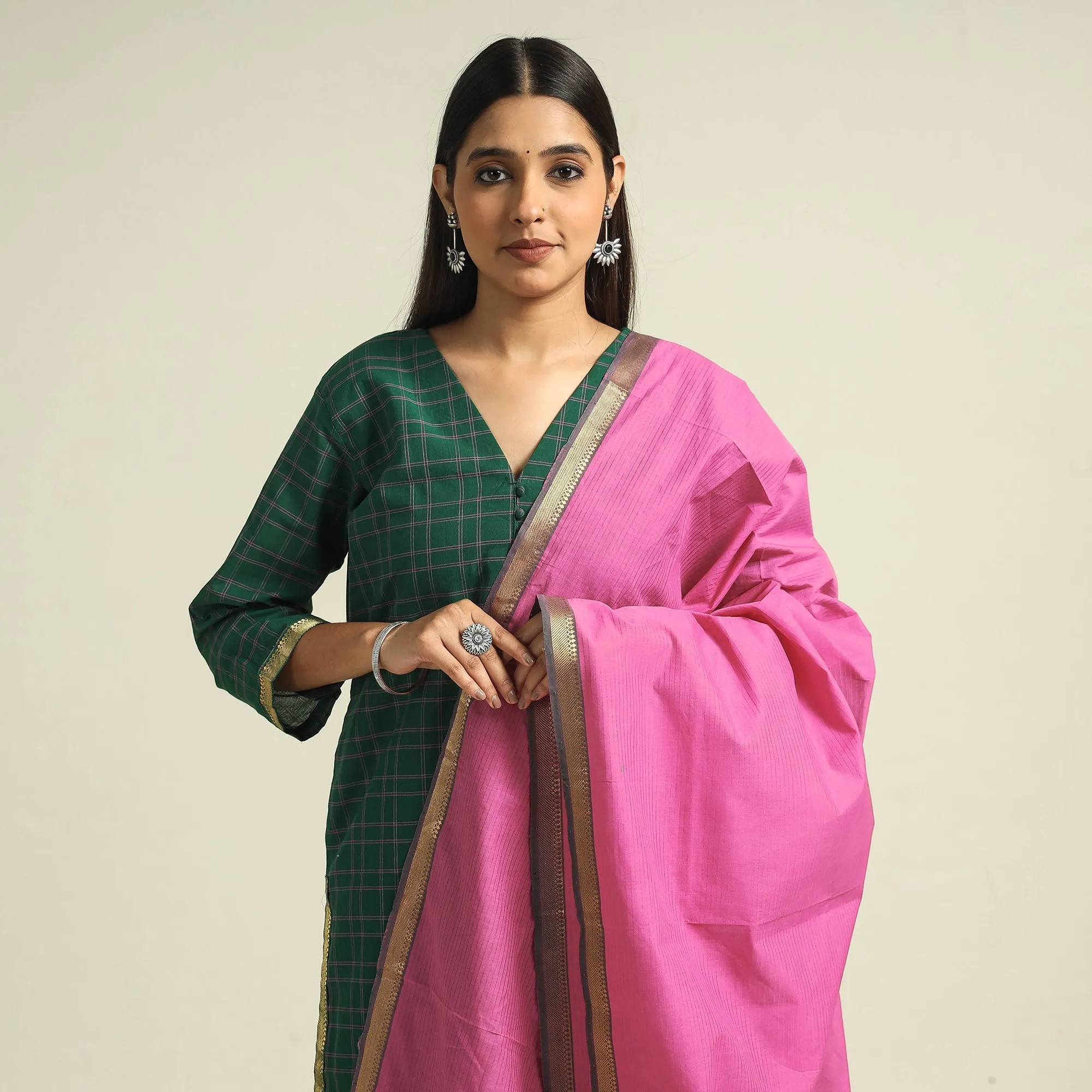 Dark Green - Mangalagiri Handloom Cotton Kurta with Palazzo & Dupatta Set sold by Itokri product image thumbnail 3