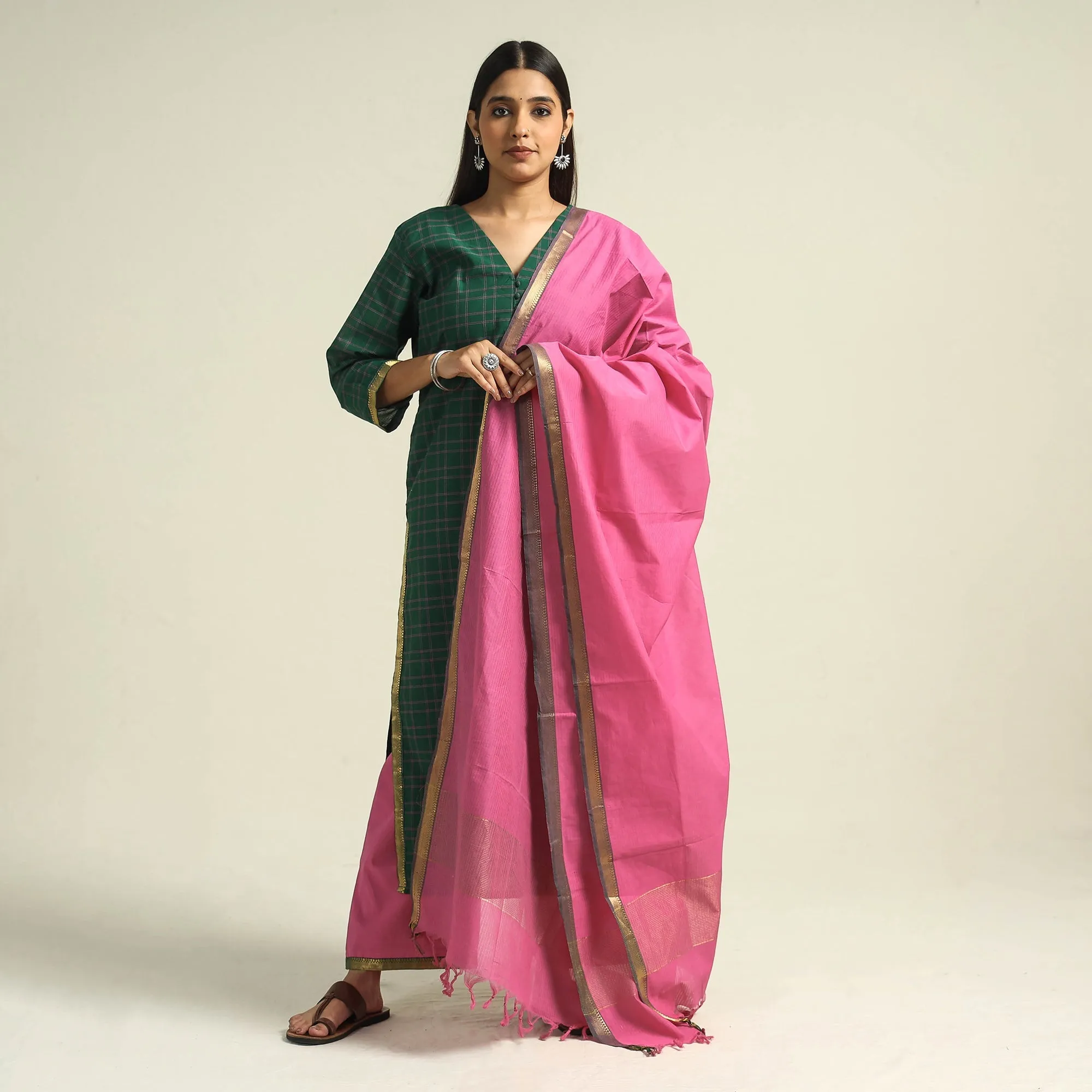 Dark Green - Mangalagiri Handloom Cotton Kurta with Palazzo & Dupatta Set sold by Itokri product image thumbnail 2