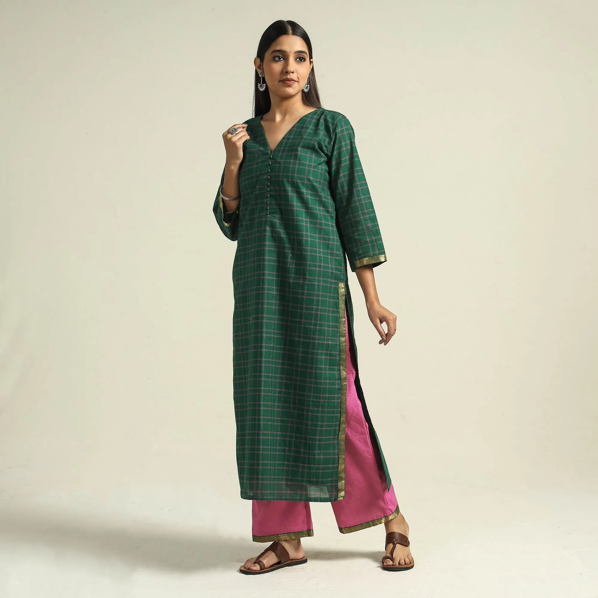 Dark Green - Mangalagiri Handloom Cotton Kurta with Palazzo & Dupatta Set sold by Itokri product image thumbnail 4