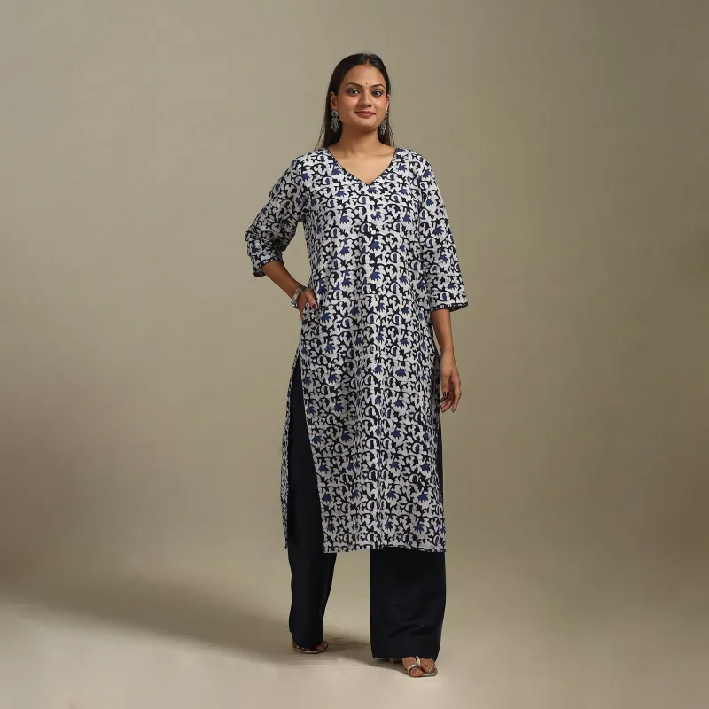 Blue - Straight Embroidered Cotton Hand Block Batik Print Kurta for women 34 sold by Itokri