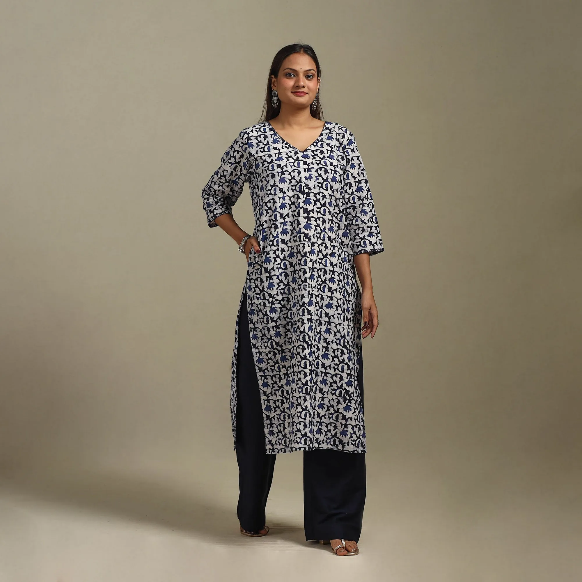 Blue - Straight Embroidered Cotton Hand Block Batik Print Kurta for women 34 sold by Itokri