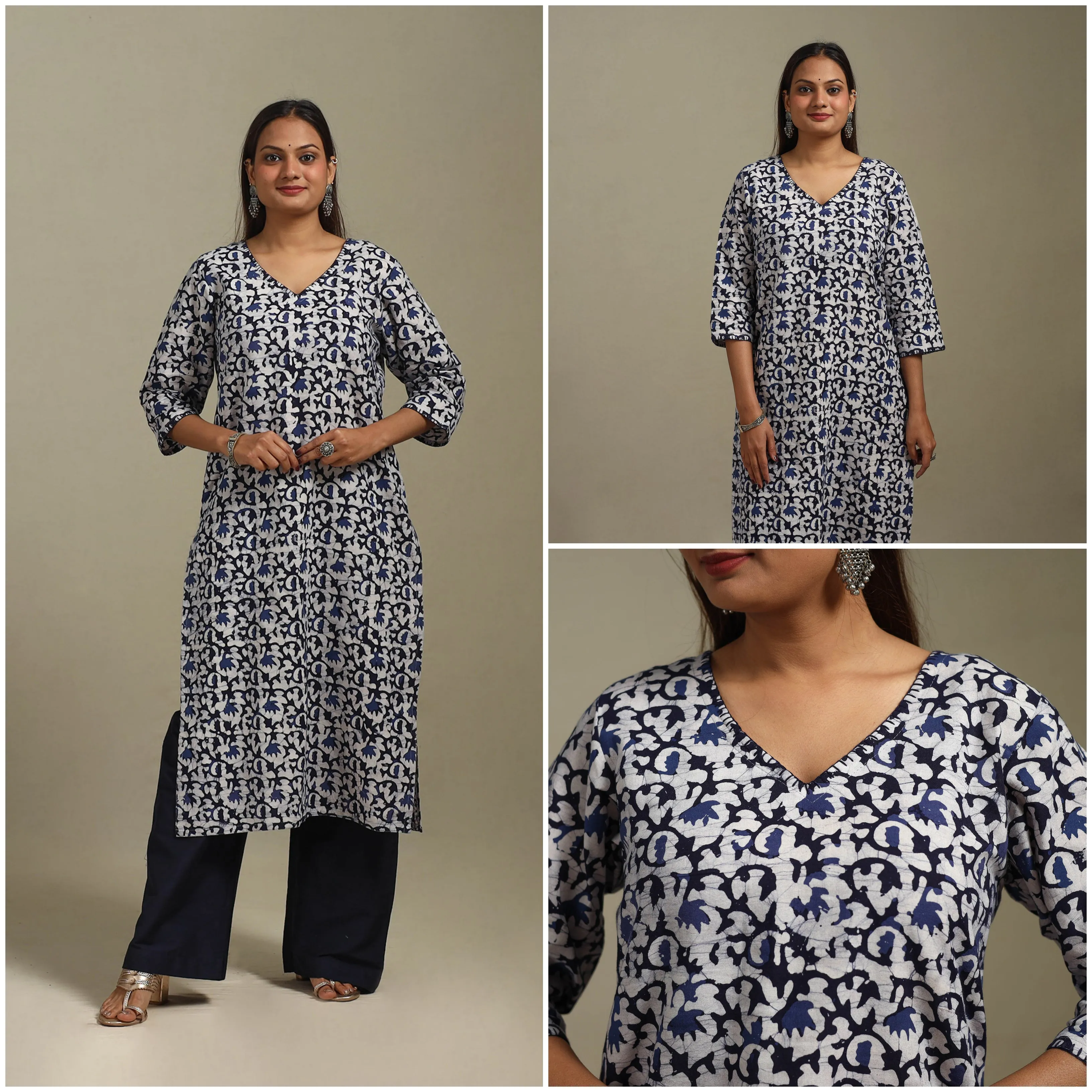 Blue - Straight Embroidered Cotton Hand Block Batik Print Kurta for women 34 sold by Itokri product image thumbnail 3