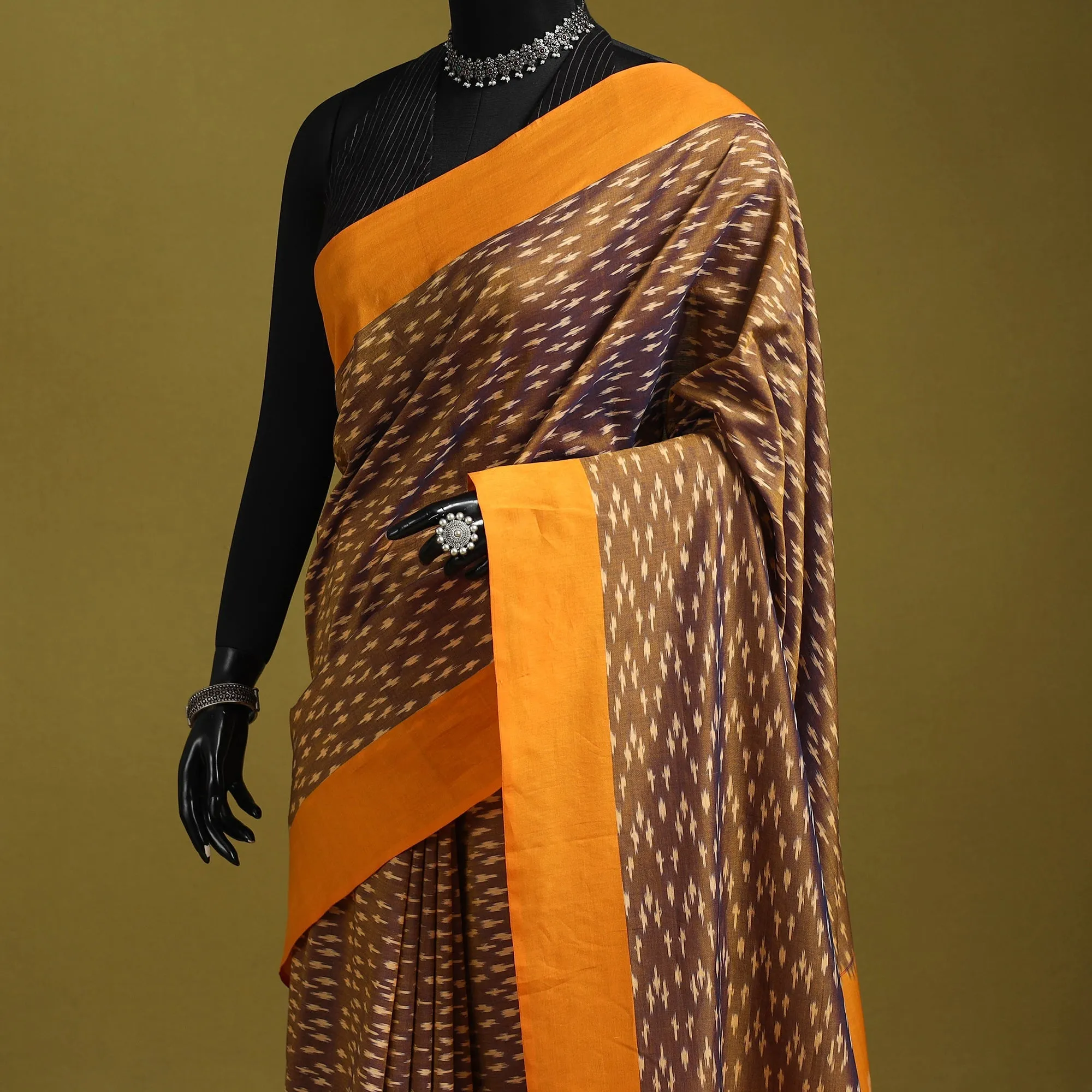 Brown - Mercerised Cotton Handloom Pochampally Ikat Saree 15 sold by Itokri product image thumbnail 2