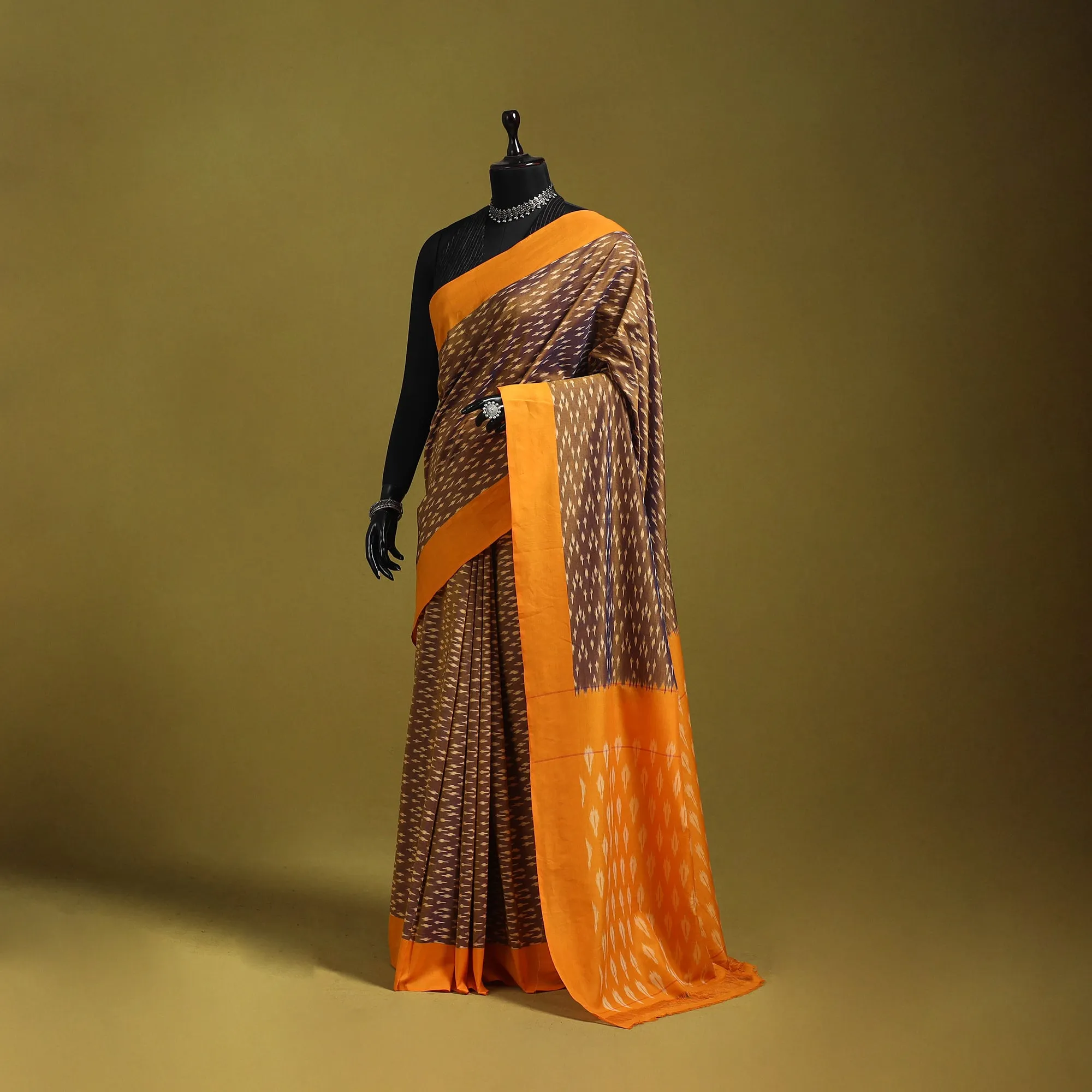 Brown - Mercerised Cotton Handloom Pochampally Ikat Saree 15 sold by Itokri