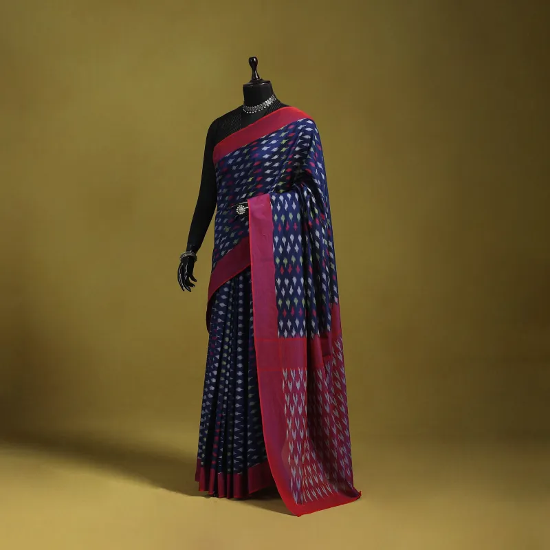 Blue - Mercerised Cotton Handloom Pochampally Ikat Saree 24 sold by Itokri