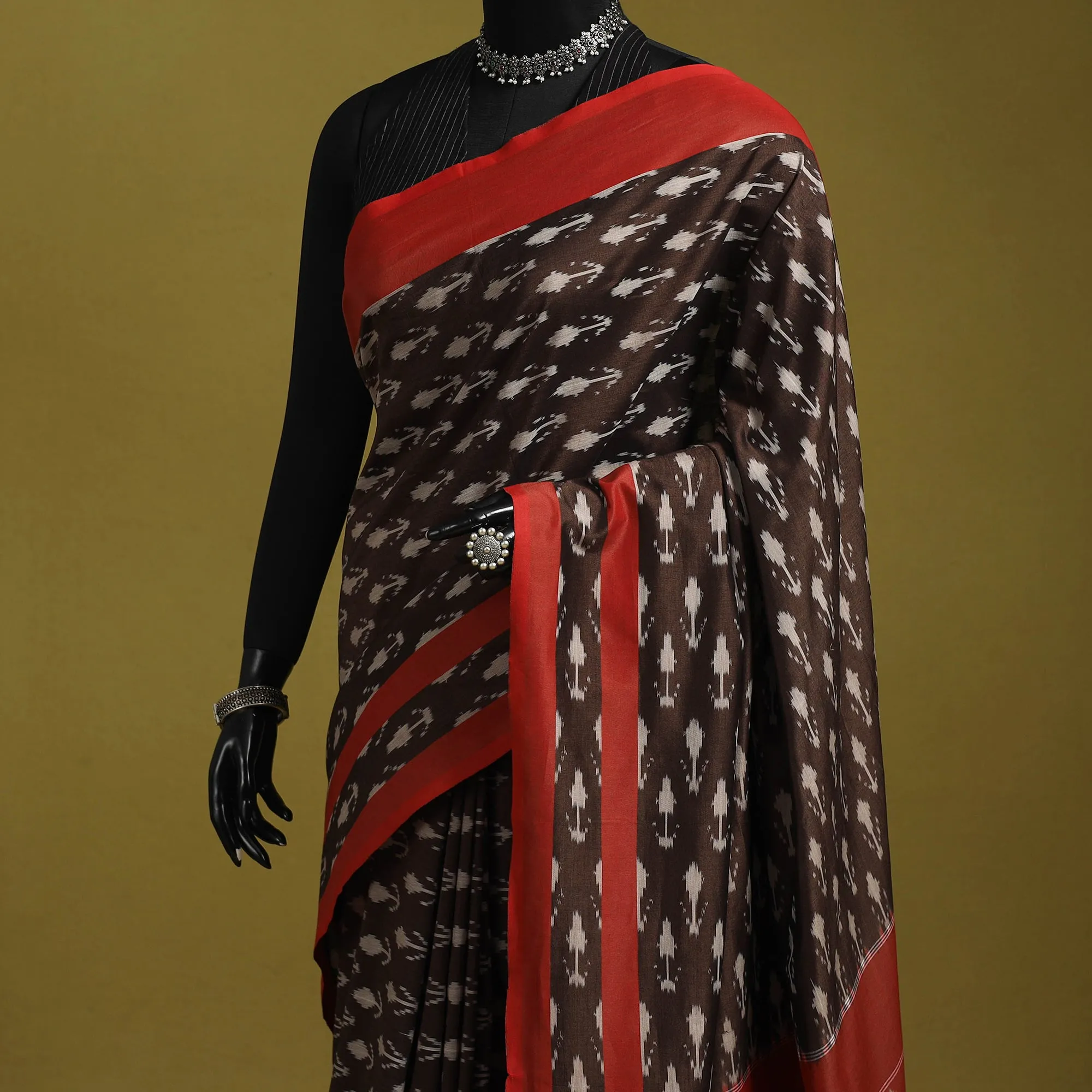 Brown - Mercerised Cotton Handloom Pochampally Ikat Saree 20 sold by Itokri product image thumbnail 2