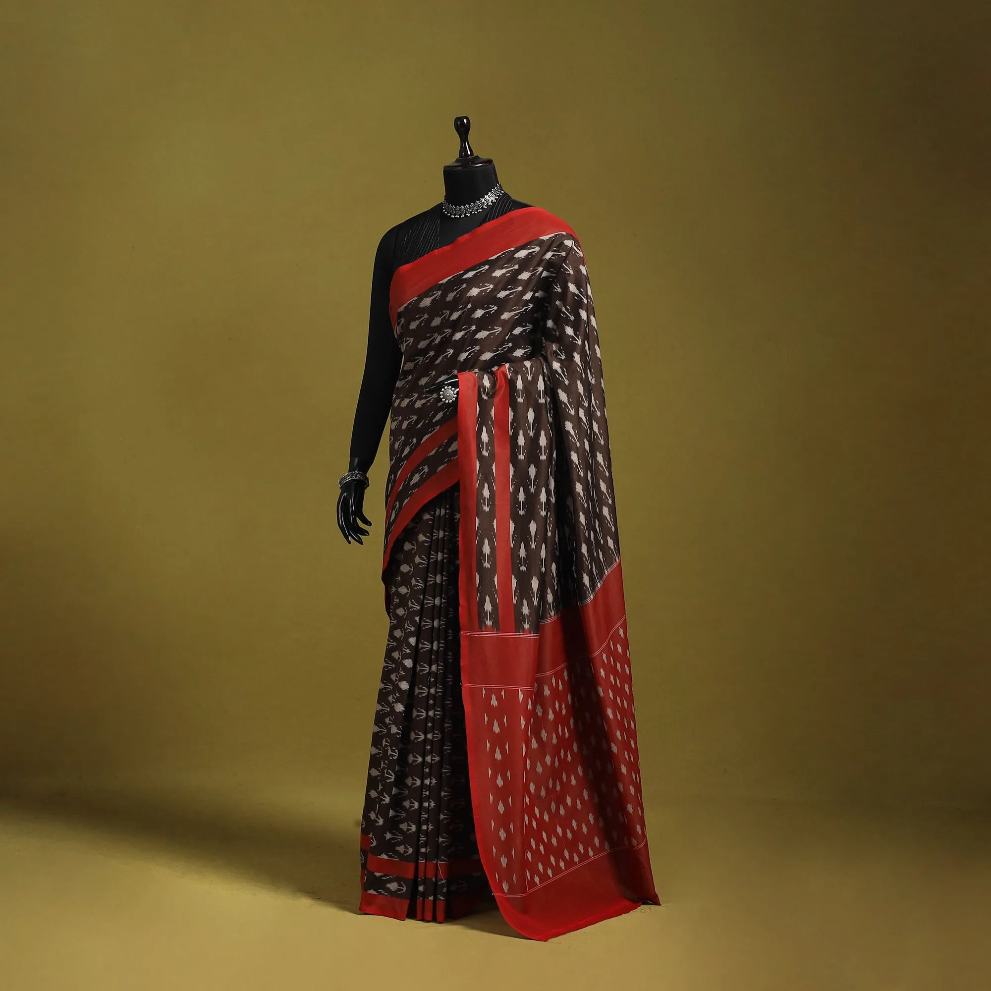 Brown - Mercerised Cotton Handloom Pochampally Ikat Saree 20 sold by Itokri