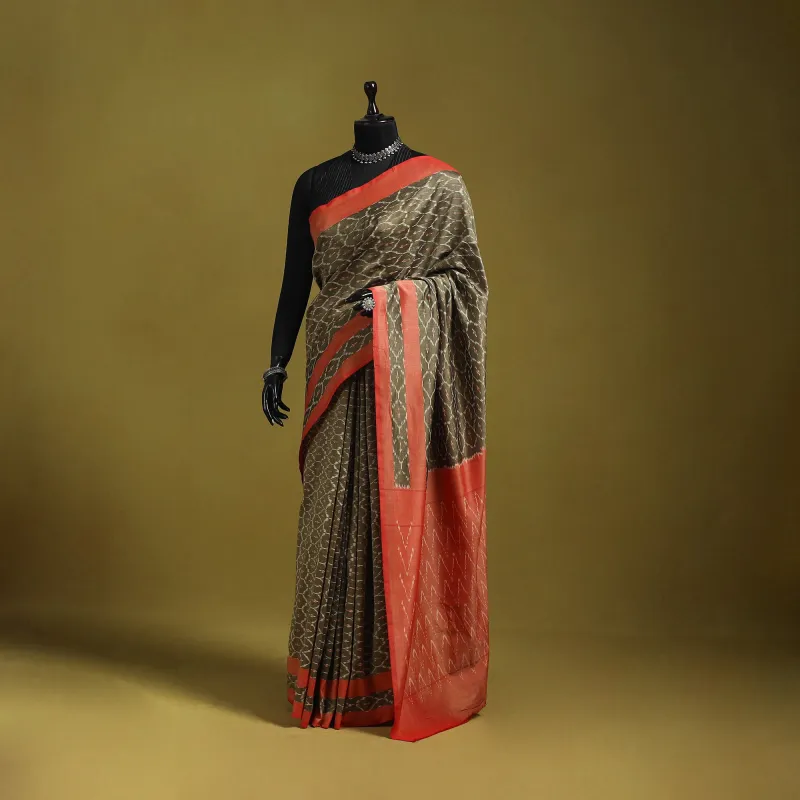 Brown - Mercerised Cotton Handloom Pochampally Ikat Saree 25 sold by Itokri