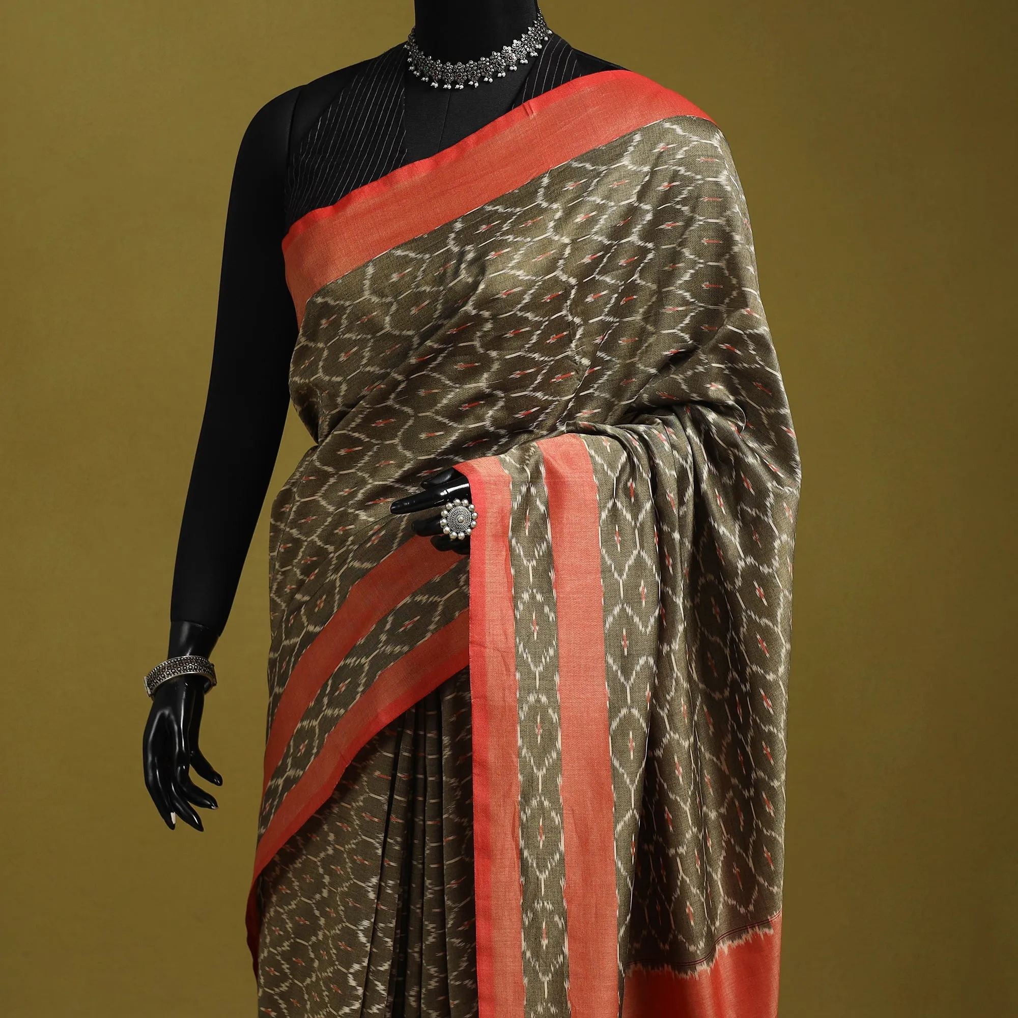 Brown - Mercerised Cotton Handloom Pochampally Ikat Saree 25 sold by Itokri product image thumbnail 2