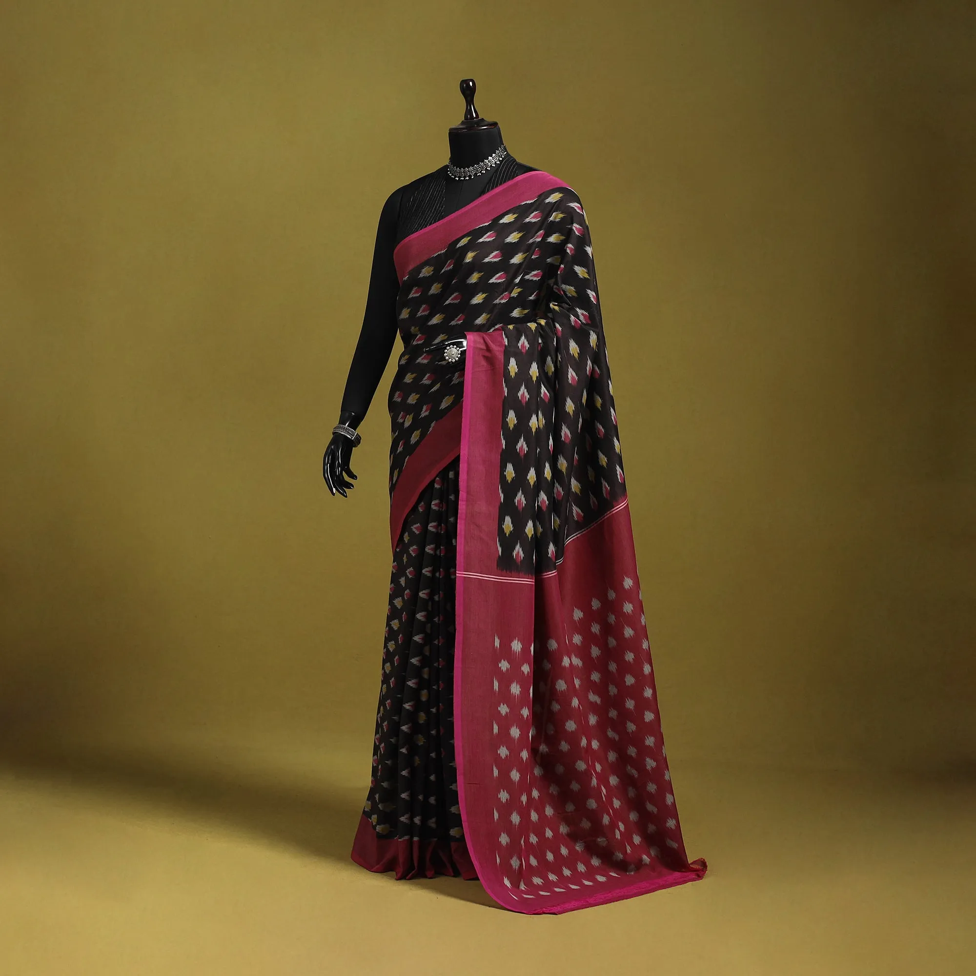 Black - Mercerised Cotton Handloom Pochampally Ikat Saree 26 sold by Itokri