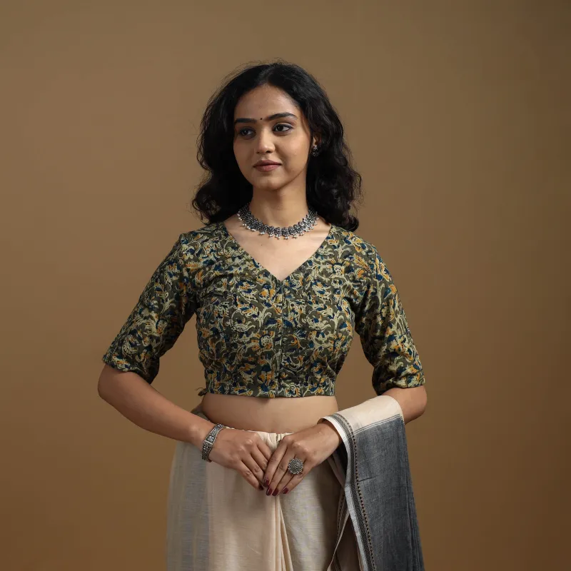 Green - Pedana Block Print Cotton Natural Dyed Kalamkari Readymade Blouse 04 made by Itokri
