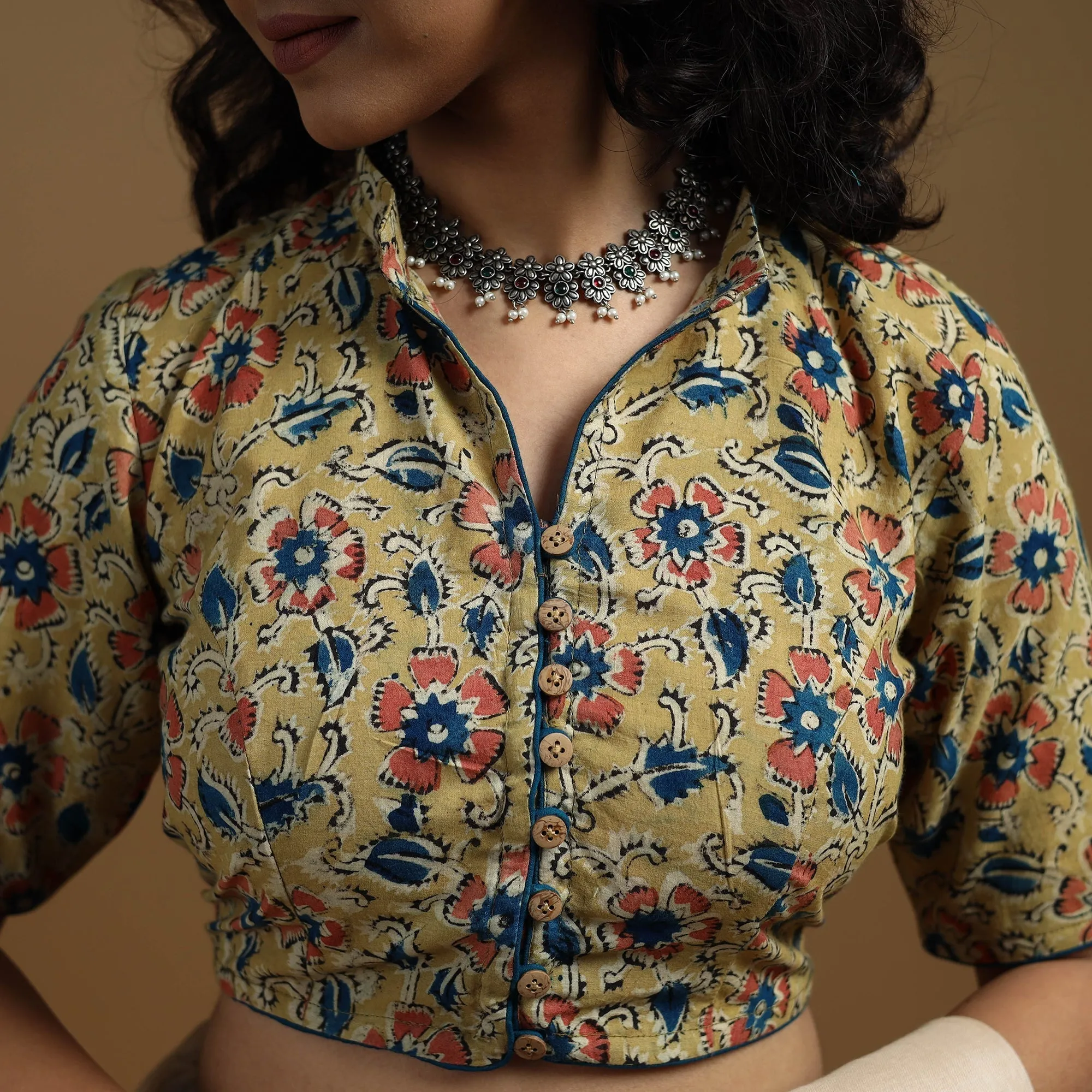 Yellow - Pedana Block Print Cotton Natural Dyed Kalamkari Readymade Blouse 08 sold by Itokri product image thumbnail 3