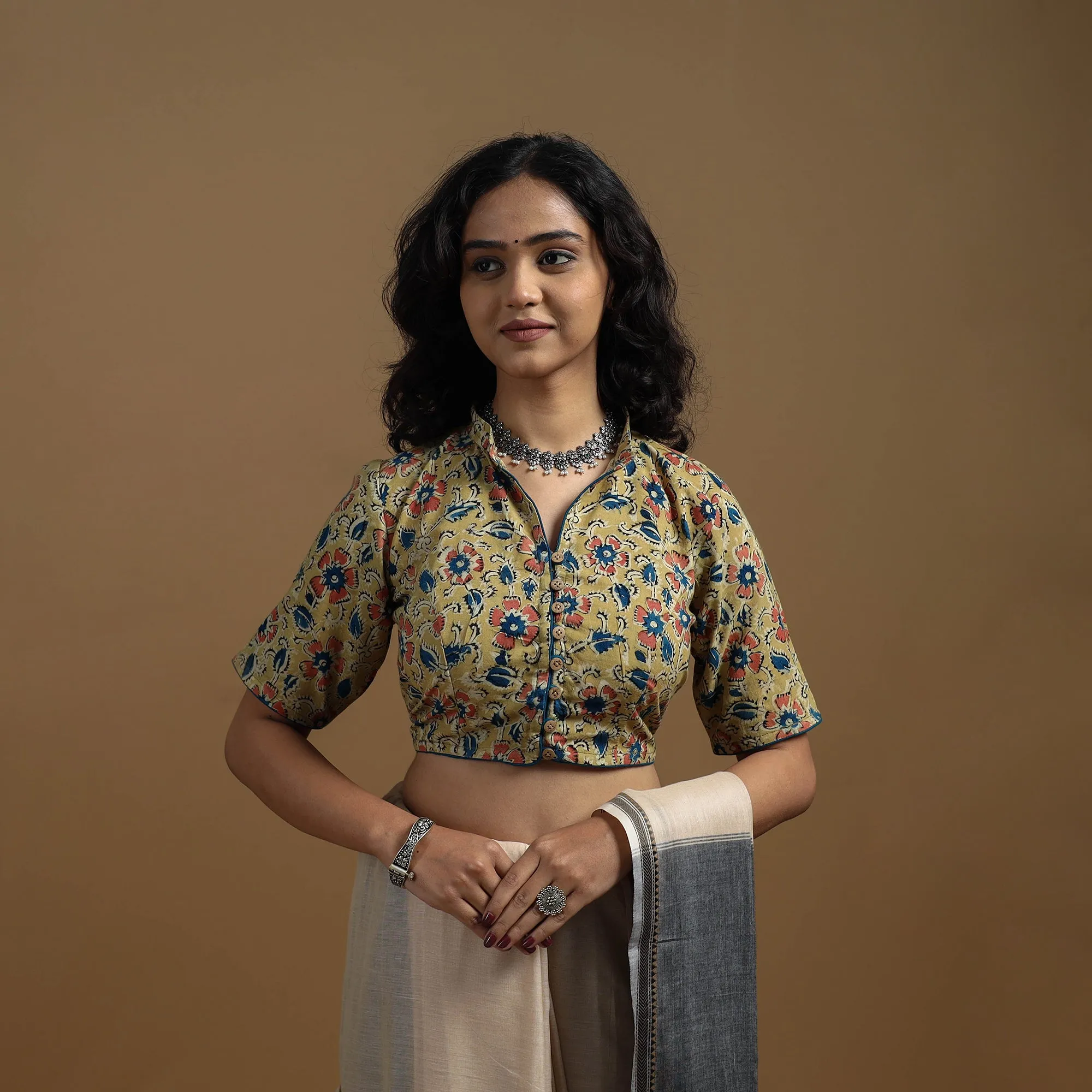 Yellow - Pedana Block Print Cotton Natural Dyed Kalamkari Readymade Blouse 08 sold by Itokri