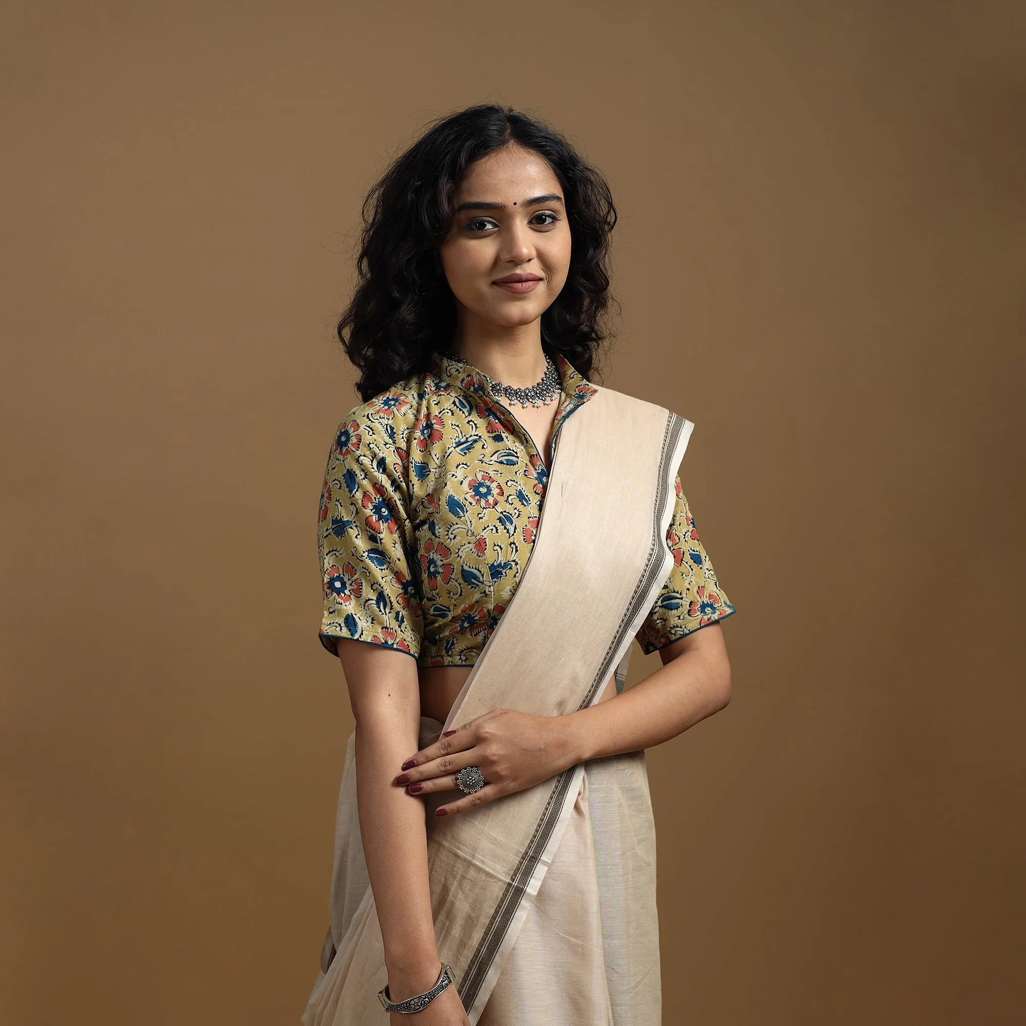 Yellow - Pedana Block Print Cotton Natural Dyed Kalamkari Readymade Blouse 08 sold by Itokri product image thumbnail 2