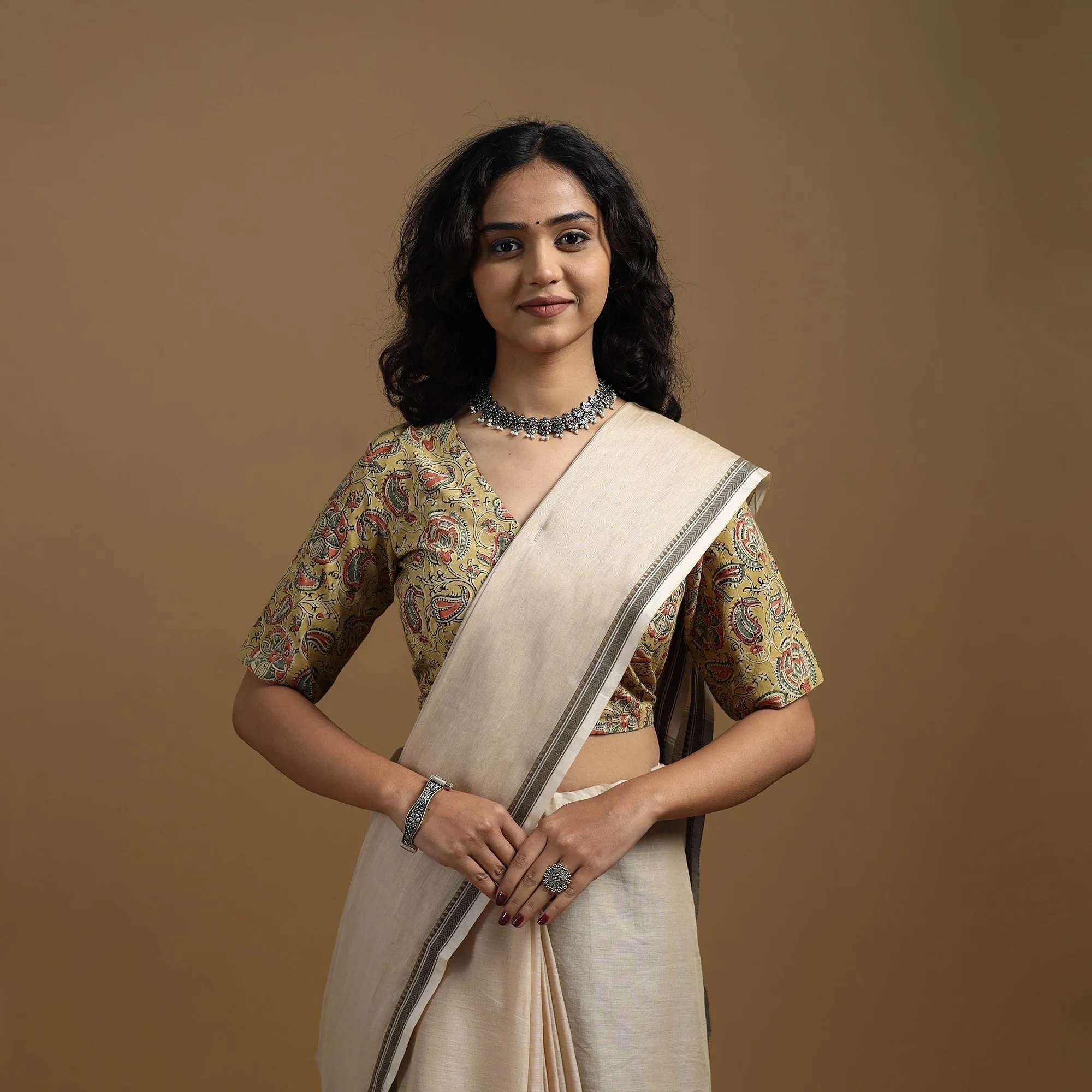 Yellow - Pedana Block Print Cotton Natural Dyed Kalamkari Readymade Blouse 02 sold by Itokri product image thumbnail 4