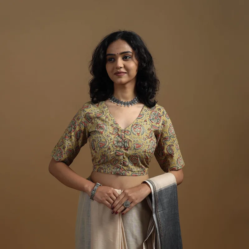 Yellow - Pedana Block Print Cotton Natural Dyed Kalamkari Readymade Blouse 02 made by Itokri