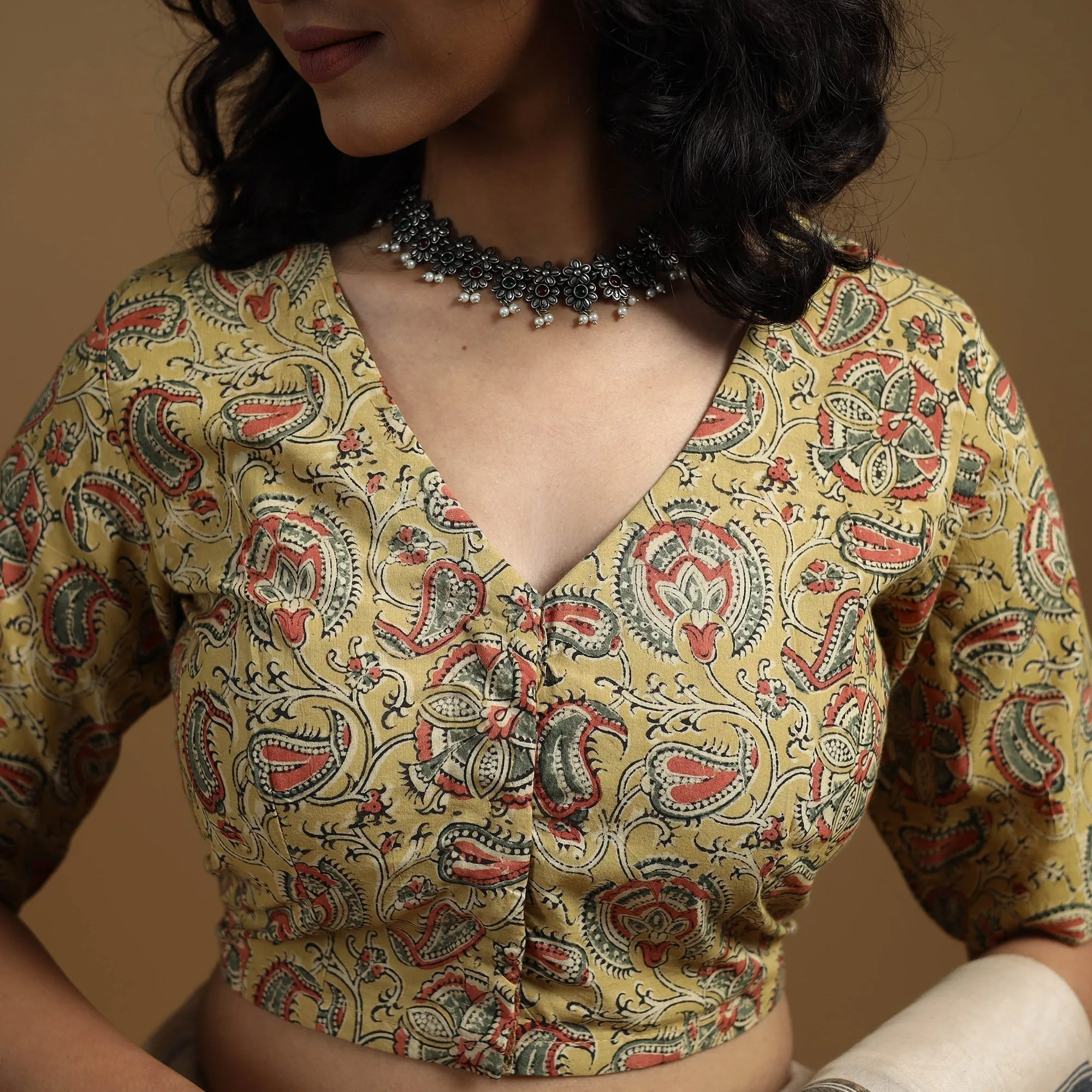 Yellow - Pedana Block Print Cotton Natural Dyed Kalamkari Readymade Blouse 02 sold by Itokri product image thumbnail 3