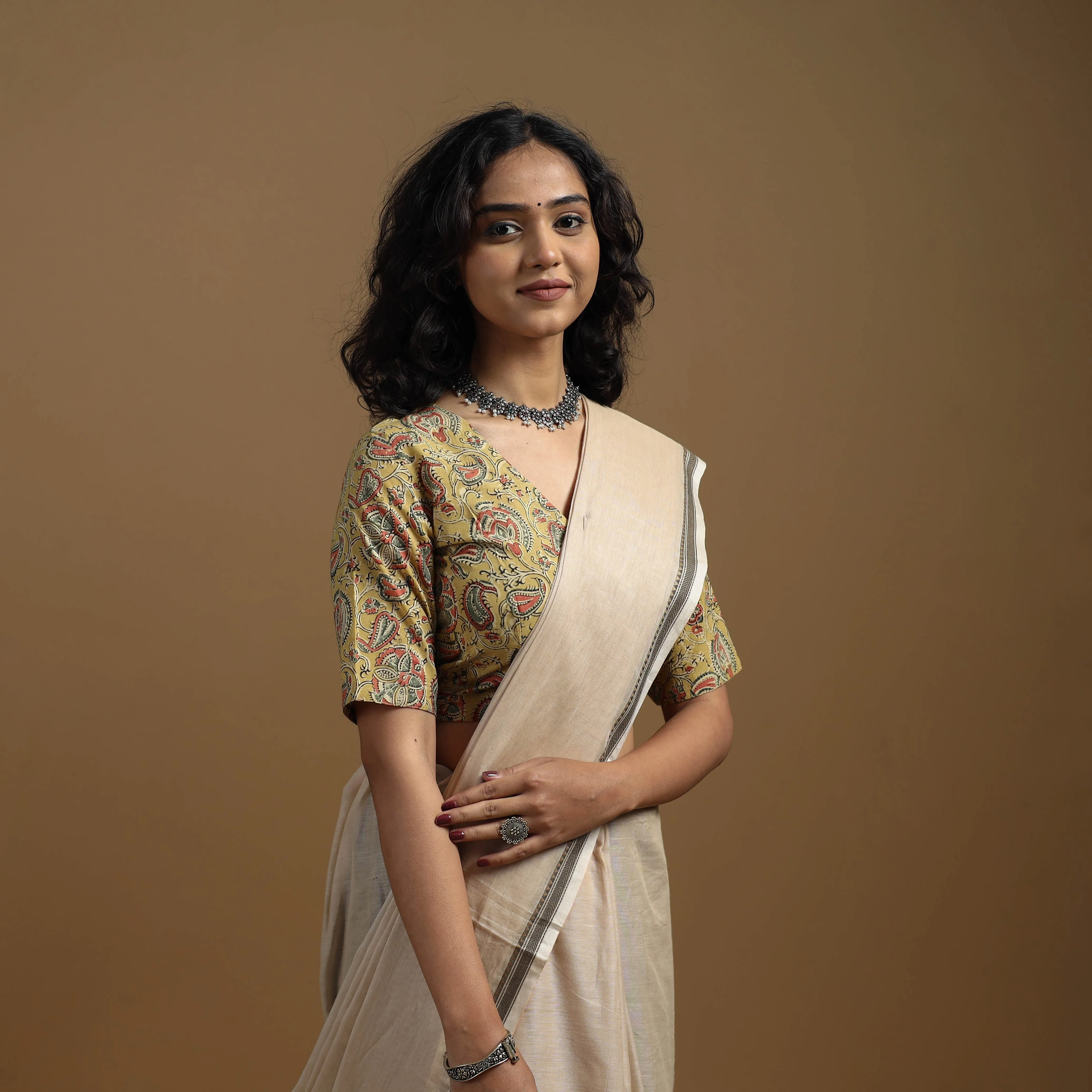 Yellow - Pedana Block Print Cotton Natural Dyed Kalamkari Readymade Blouse 02 sold by Itokri product image thumbnail 2