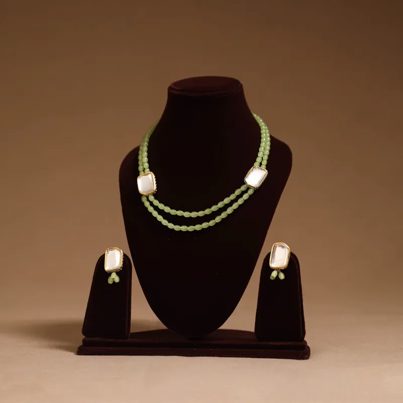 Green - Glass Beads Kundan Work Necklace Set 69 made by Itokri