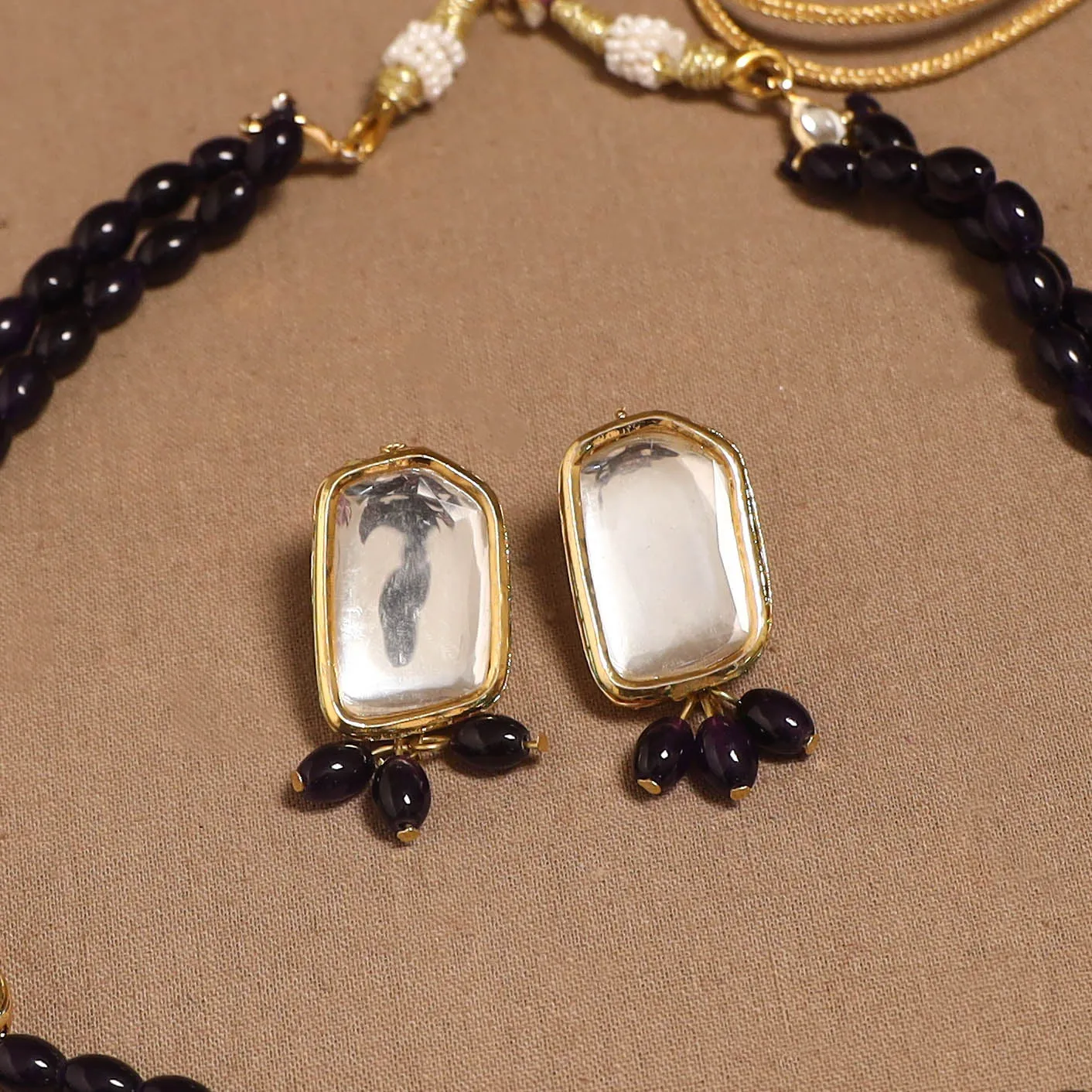 Black - Glass Beads Kundan Work Necklace Set 56 sold by Itokri product image thumbnail 3