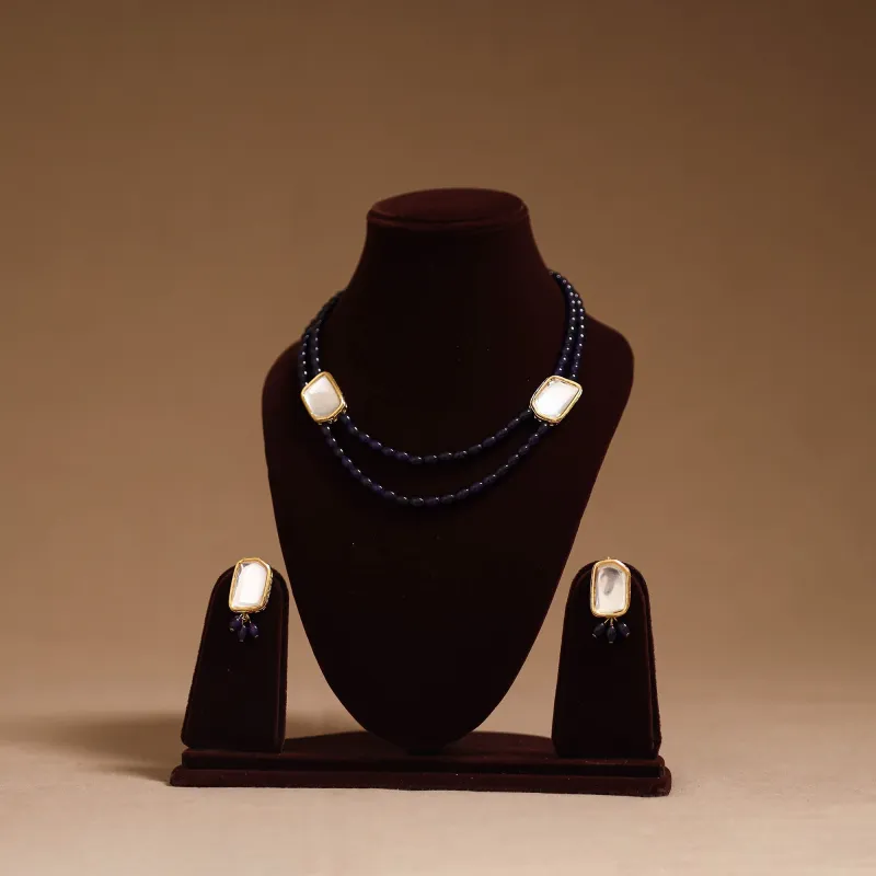 Black - Glass Beads Kundan Work Necklace Set 56 made by Itokri